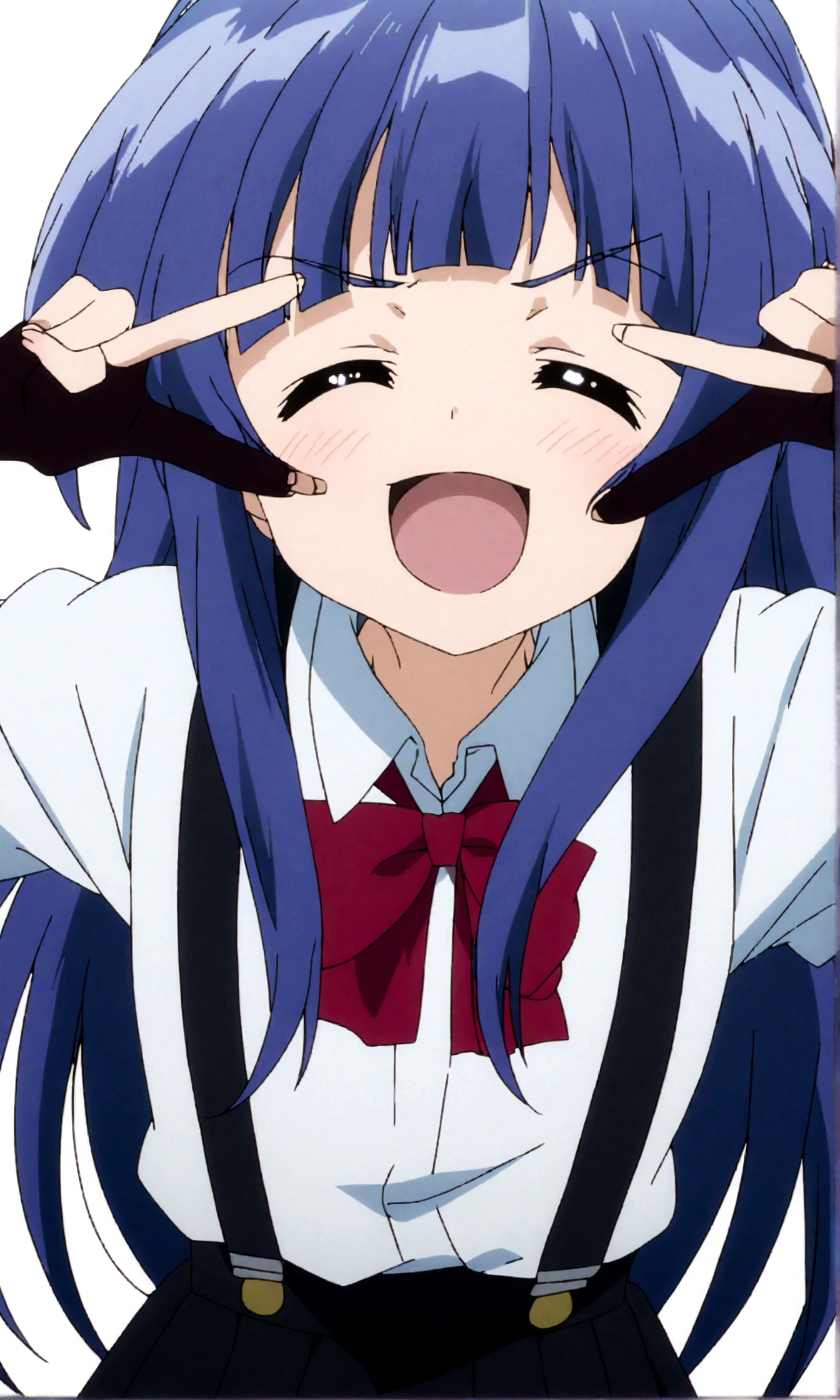 score_9,score_8, score_8_up, BREAK 1girl, solo, furude rika, (tween), kawaii, blue hair, purple eyes, long hair, blunt bangs, bangs,straight-on, simple background, white background, bow, skirt, shirt, suspenders, smile, short sleeves, pleated skirt, white shirt, open mouth, :d, red bow, facing viewer,^_^, suspender skirt, , black skirt, collared shirt, blush, bowtie, blunt bangs, dress shirt,masterpiece, best quality, source_anime,anime screencap,anime coloring,standing,upperbody,,v over eye.(closed eyes),Throwing stars