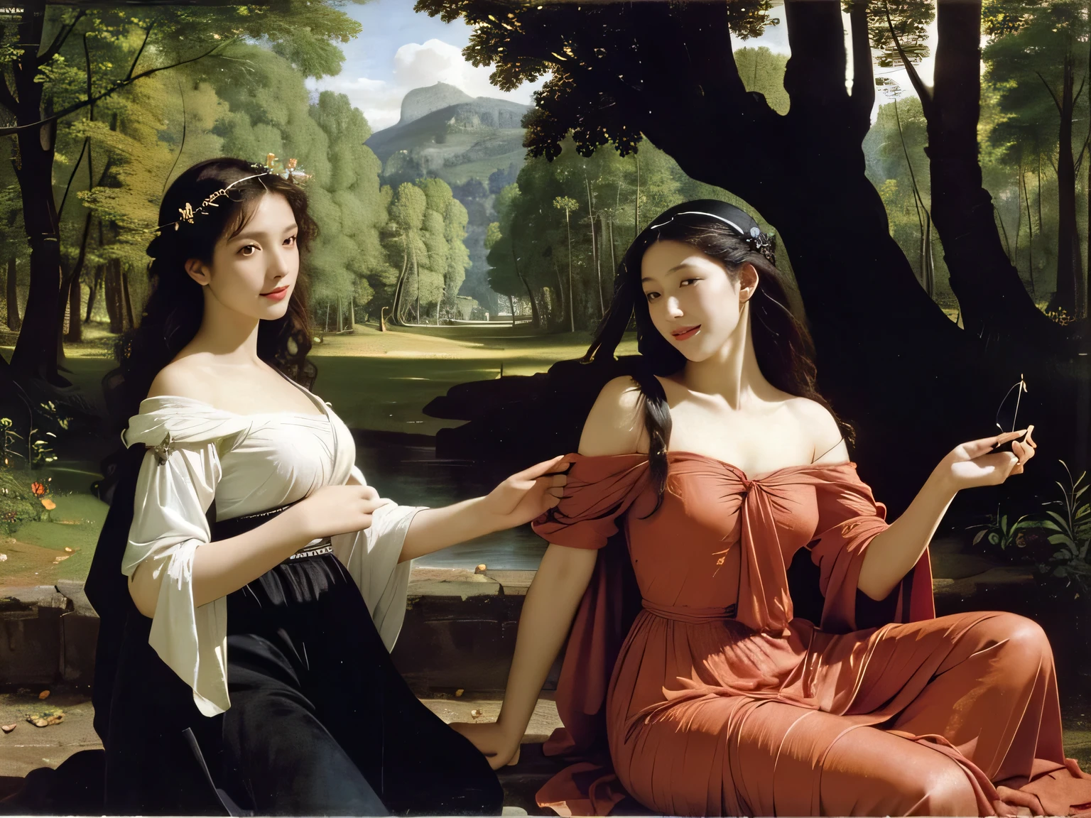 Giorgione painting style,Barbizon forest A beautiful woman in Greek dress smiles on the shore,Sweet and seductive appearance.、Caravaggio's paintings、Chiaroscuro of Caravaggio、hair tousled by the wind,Two women frolicking,cute smile, expression of ecstasy,Sexy,erotic, full body portrait