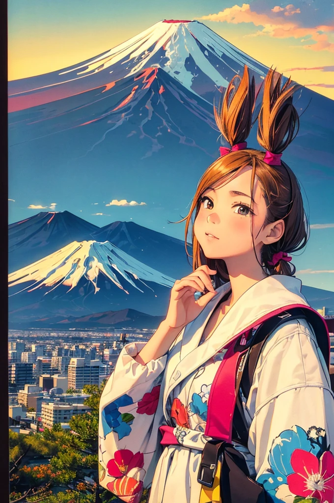 (masterpiece, best quality:1.1),
(popart style),flat color,(2girls),cute face,tween,enjoy trip,(mount fuji,shizuoka),Japan, beautiful detailed scenery, beautiful lighting,very happy,dynamic pose,photographic portrait, sharp,