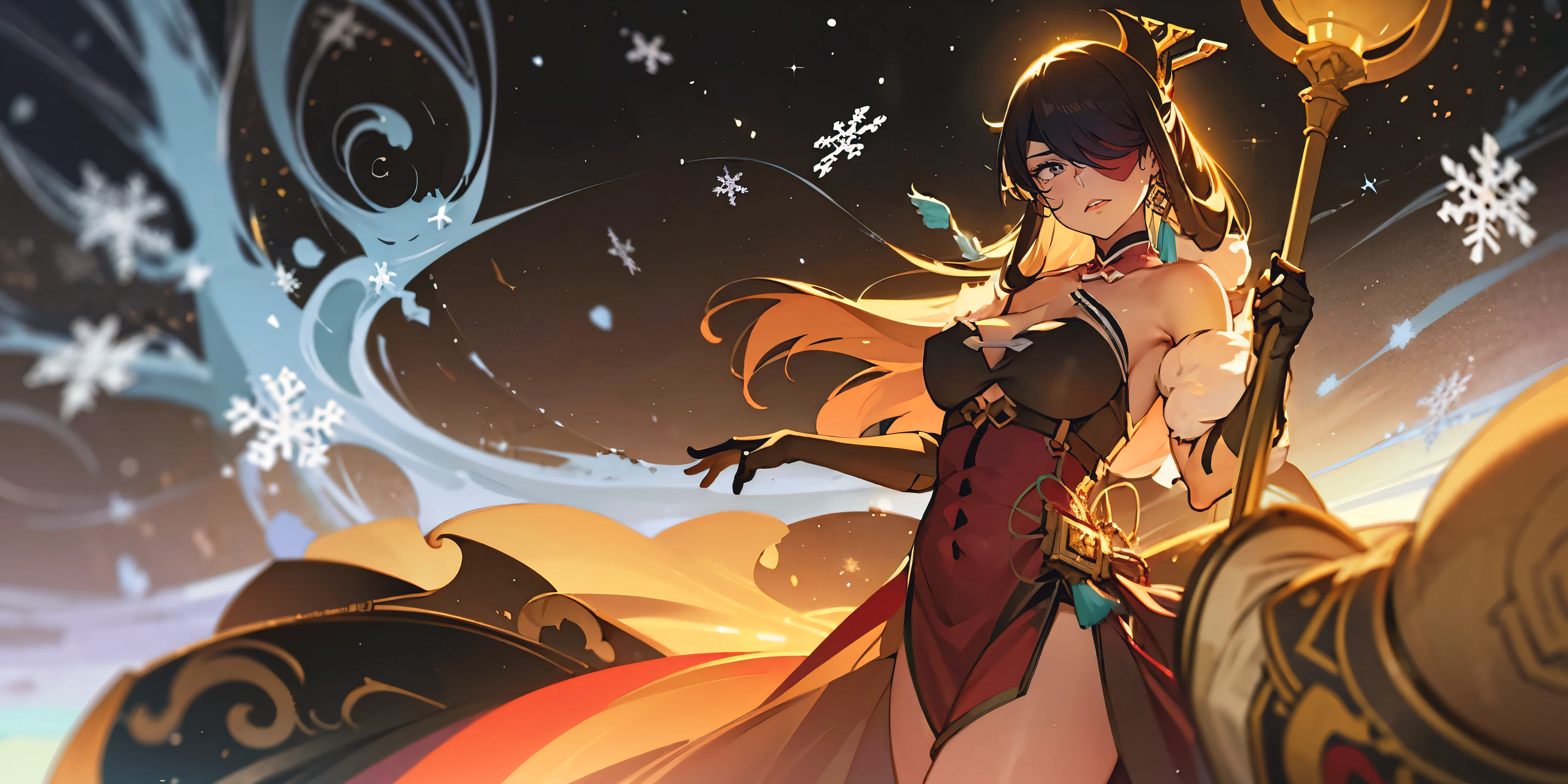 long hair, hairpin, hair over one eyes, beidou, eyepatch, muscular female, curvy, anatomical correct, 1girl, solo, breasts, looking at viewer, gloves, dress, holding, cleavage, bare shoulders, jewelry, staff, earrings, alternate costume, elbow gloves, fur trim, blue dress, glowing, crown, staff, strapless dress, snow, gift, snowing, holding staff, blue gloves, snowflakes, dark persona, hollow eyes, maroon eyes, eyepatch,  lips, cheek, expressionless, glaring eyes, upper teeth, 