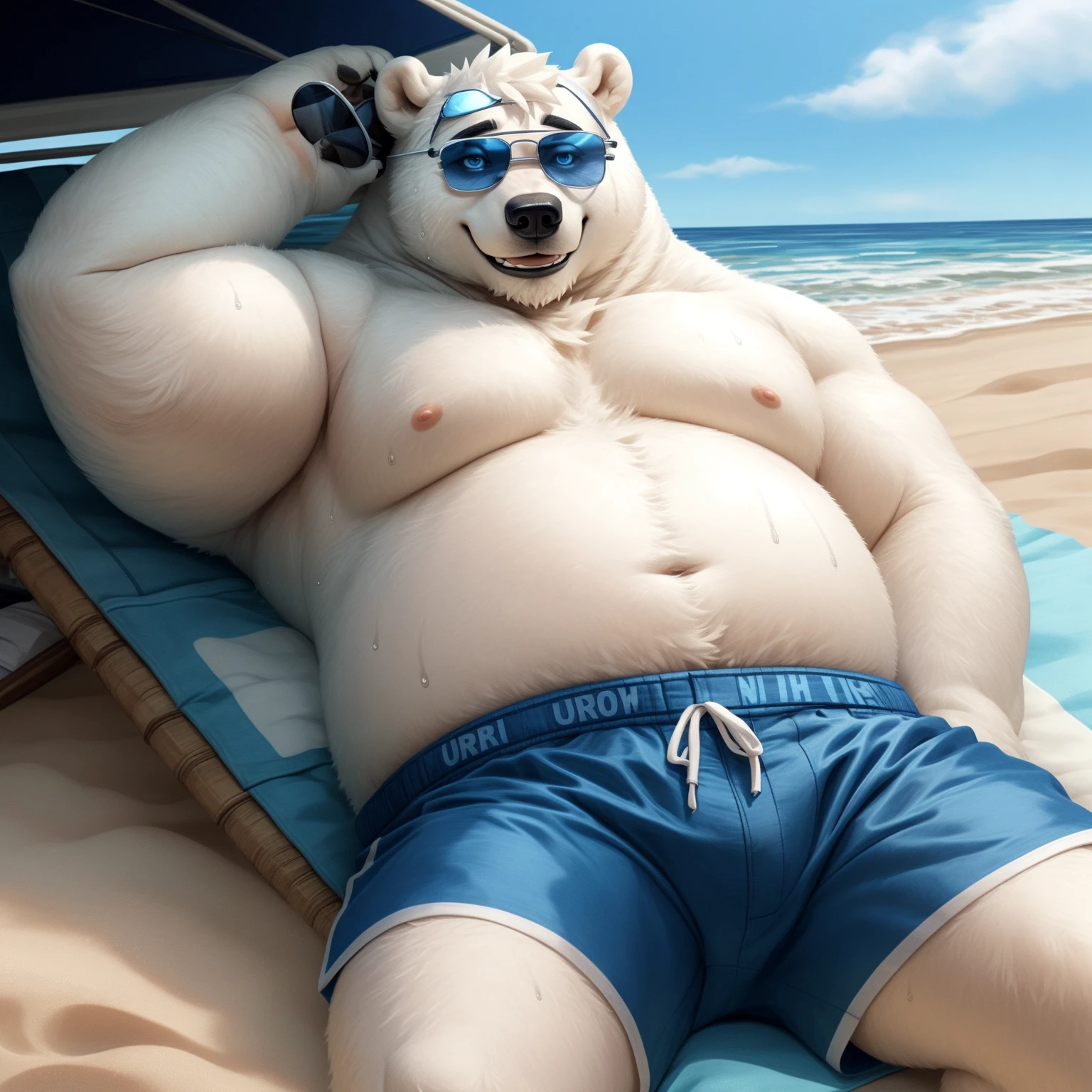 New Jersey 5 Furry,Polar Bear，portrait,Beautifully， Chubby，fat，Thick arms，Strong muscles，Topless，White plush fur，Chubby脸，Black eyebrows，Sky blue eyes，beard，Lying on the beach，Wear sunglasses on forehead，穿着shorts，sweat，Unique，shorts，Smile