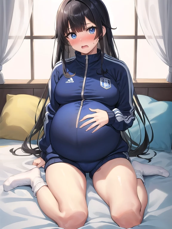 (masterpiece:1.3), (Absurd:1.3), (highest quality:1.3), The Hands of Guido Daniele, (Very detailed:1.3), (Best Shadow:0.7), (Processed Hair), One girl, alone, S1, aizawa ema, , (medium Breasts:1.0), (pregnant:1.5), (thick thighs:0.4), (black hair:1.4), Asymmetrical bangs, Blunt bangs, blue eyes, (blue tracksuit:1.4), no bra, (nipple shape:1.0), (white socks:1.4), cute face, panic face, (embarrassed:1.3), in the bed room, on the bed, co-sleeping,