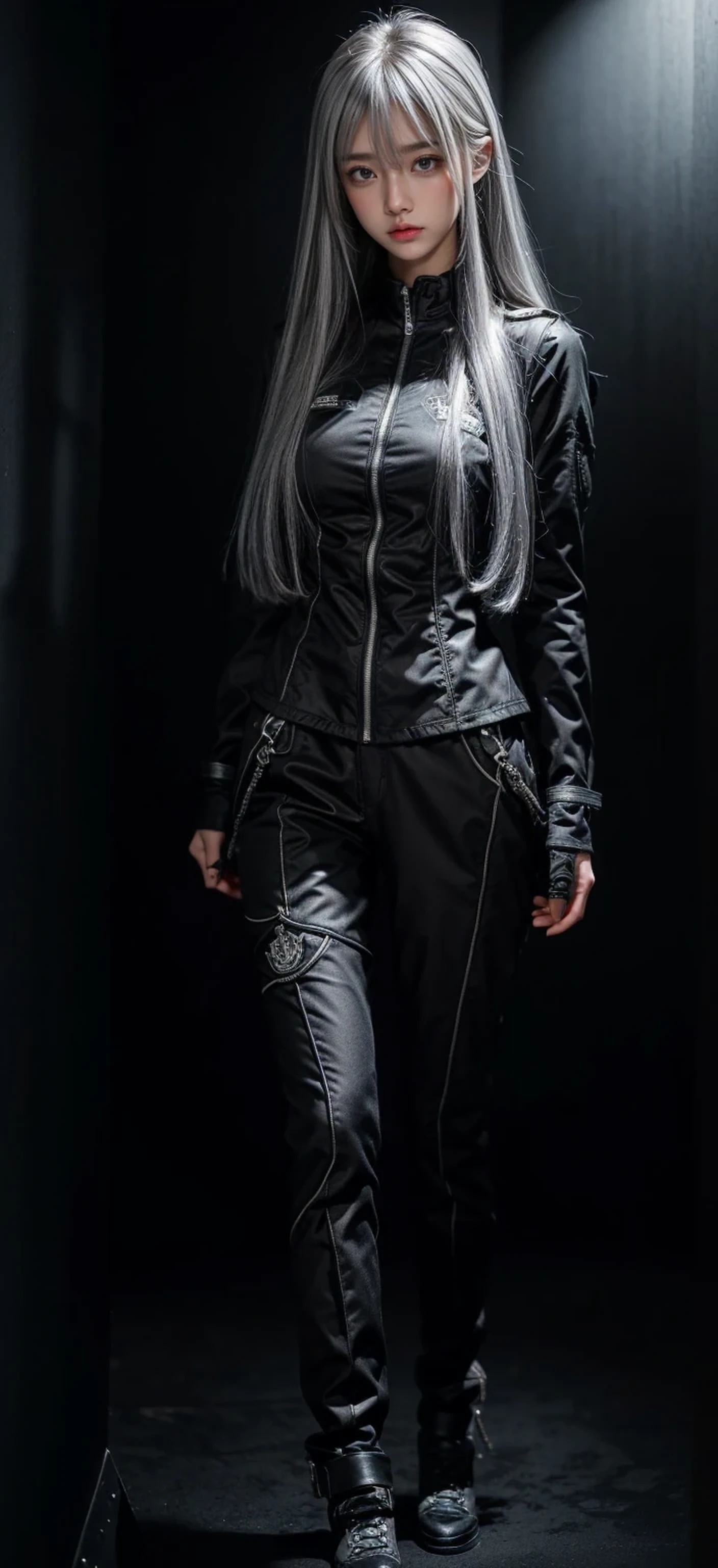 Military Uniforms,pants,black military uniform,whole body,Height: 168cm,almond shape eyes,{{{{{silver eyes}}}}},{{{{{dull bangs}}}}},(slanted eyes},{{whole body},{{{1 girl}}}, long hair, straight hair,{{{{silver hair}}}},{{{tsurime}}},30 years old,{Medium chest},{{bush}},silver eyes,{{{masterpiece}}}, {{{highest quality}}}, {{Super detailed}}, {shape}, {{very delicate and beautiful}},very detailed,detailed perfect,detailed hyper,Abundant thighs,big ass,black clothes