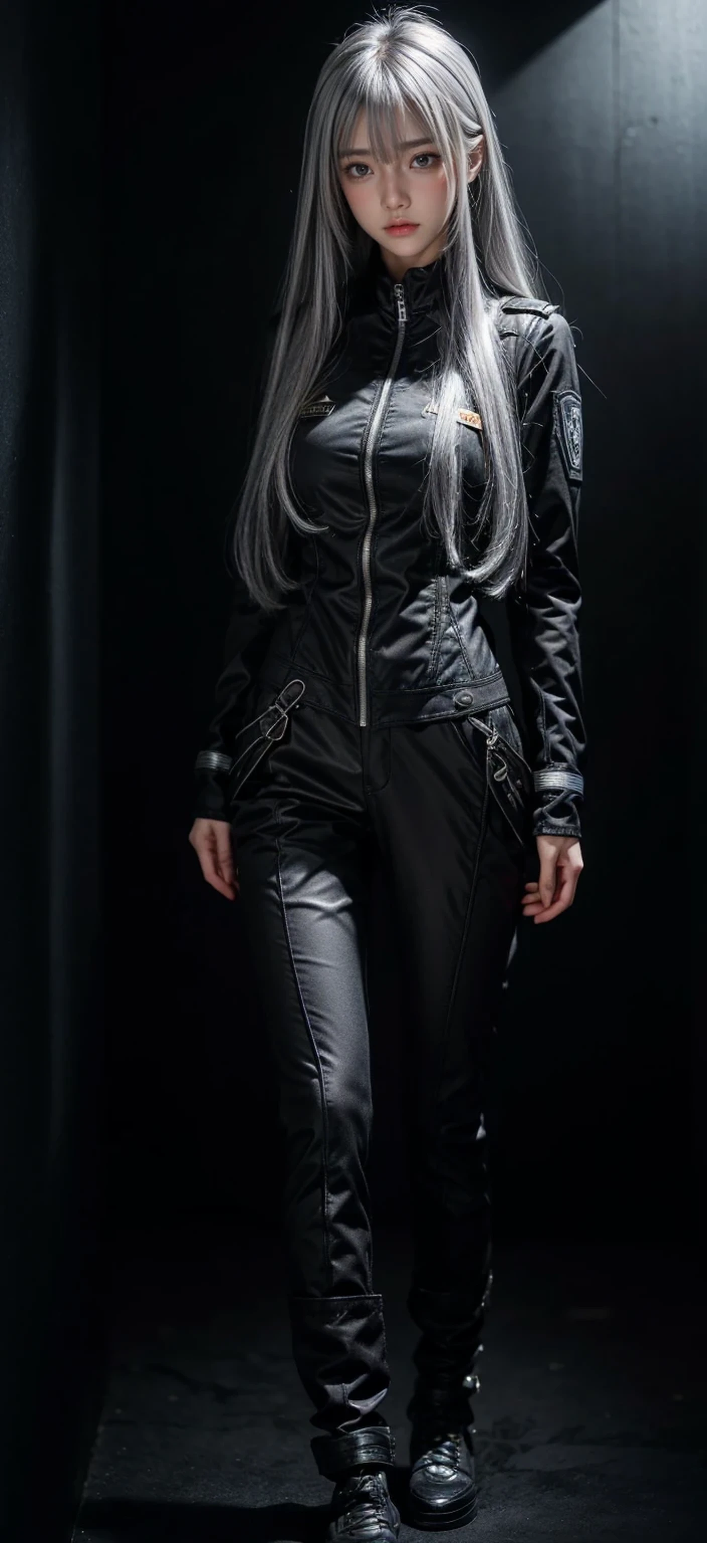 Military Uniforms,pants,black military uniform,whole body,Height: 168cm,almond shape eyes,{{{{{silver eyes}}}}},{{{{{dull bangs}}}}},(slanted eyes},{{whole body},{{{1 girl}}}, long hair, straight hair,{{{{silver hair}}}},{{{tsurime}}},30 years old,{Medium chest},{{bush}},silver eyes,{{{masterpiece}}}, {{{highest quality}}}, {{Super detailed}}, {shape}, {{very delicate and beautiful}},very detailed,detailed perfect,detailed hyper,Abundant thighs,big ass,black clothes