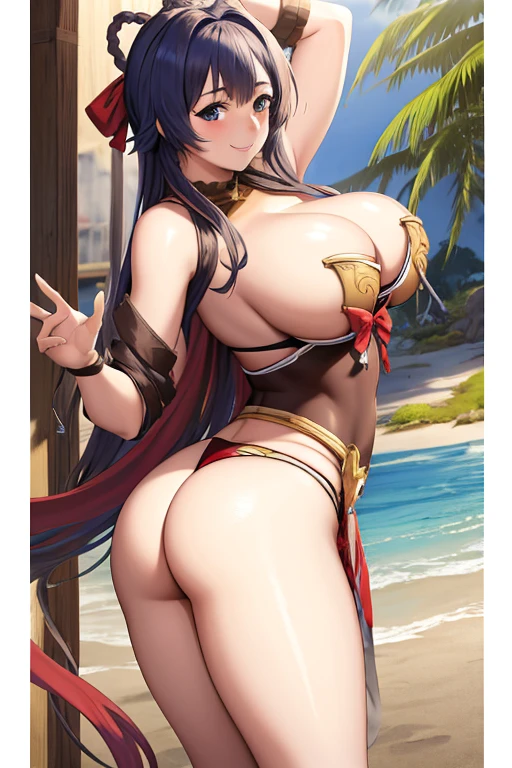 masterpiece, best quality, beautiful art, high resolution, well formed hands, body and fingers, 1 woman, solo, Xiangling, long hair, adult, big breasted, cleavage, hair ribbon, wearing a Leina Vance outfit, loin cloth, full body, sexy and skimpy bikini armor,  gorgeous hips,  legs and thighs , dancing seductively and erotically, turning backwards and forwards, showing her back and front, showing her butt, t -back, bikini thong, smiling joyfully, looking at the viewer, flirting, beach environment 