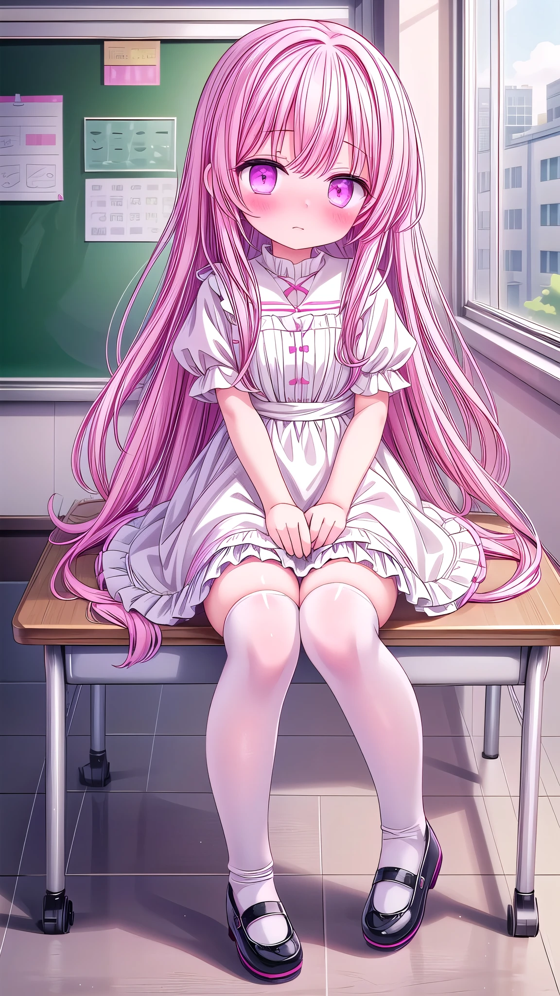 Pink long hair,White Dress,pink eyes,Black Mary Janes,White knee socks,blush shy,classroom scene,eternal, The embarrassment comes from, blush), ,, look away, sit, Awkward, blush, Mouth slightly open, classroom