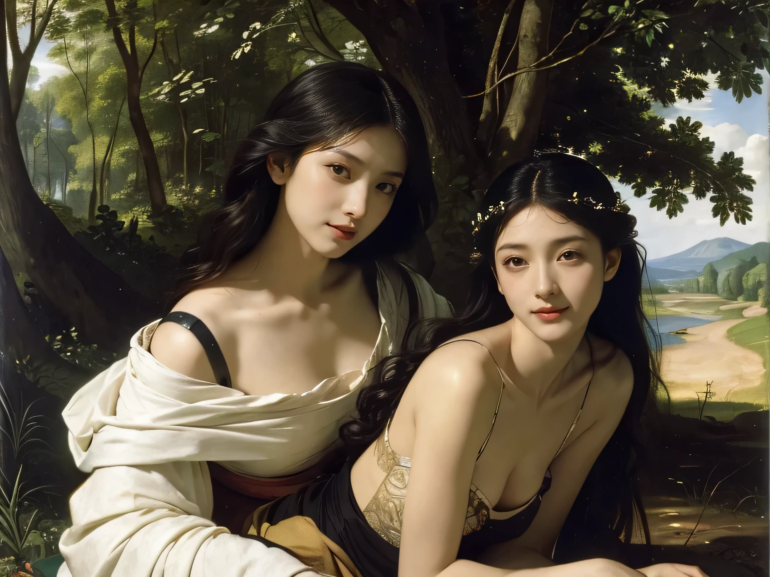 Giorgione painting style,Barbizon forest A beautiful woman in Greek dress smiles on the shore,Sweet and seductive appearance.、Caravaggio's paintings、Chiaroscuro of Caravaggio、hair tousled by the wind,Two women frolicking,cute smile, expression of ,Sexy,erc, fuy portrait