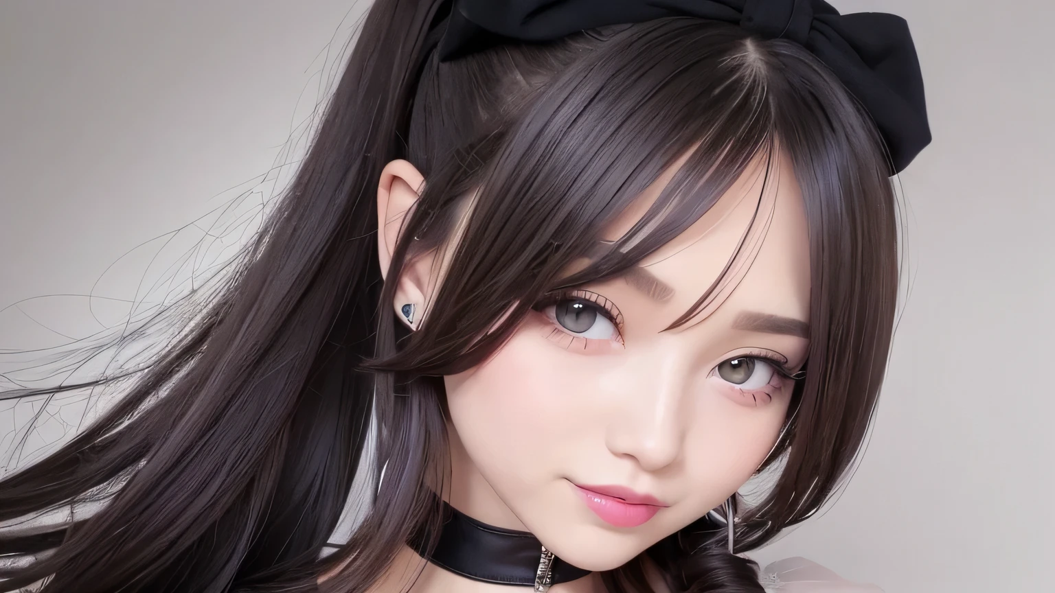 ((highest quality)), ((masterpiece)), (detailed), Perfect Face,,Curled hair tips,Small devil,Her hair is pale pink and light grey.,eye shadow,Eyes are long and narrow,Black Dress,Twin tails,ponytail,Lips with black lipstick,Smiling