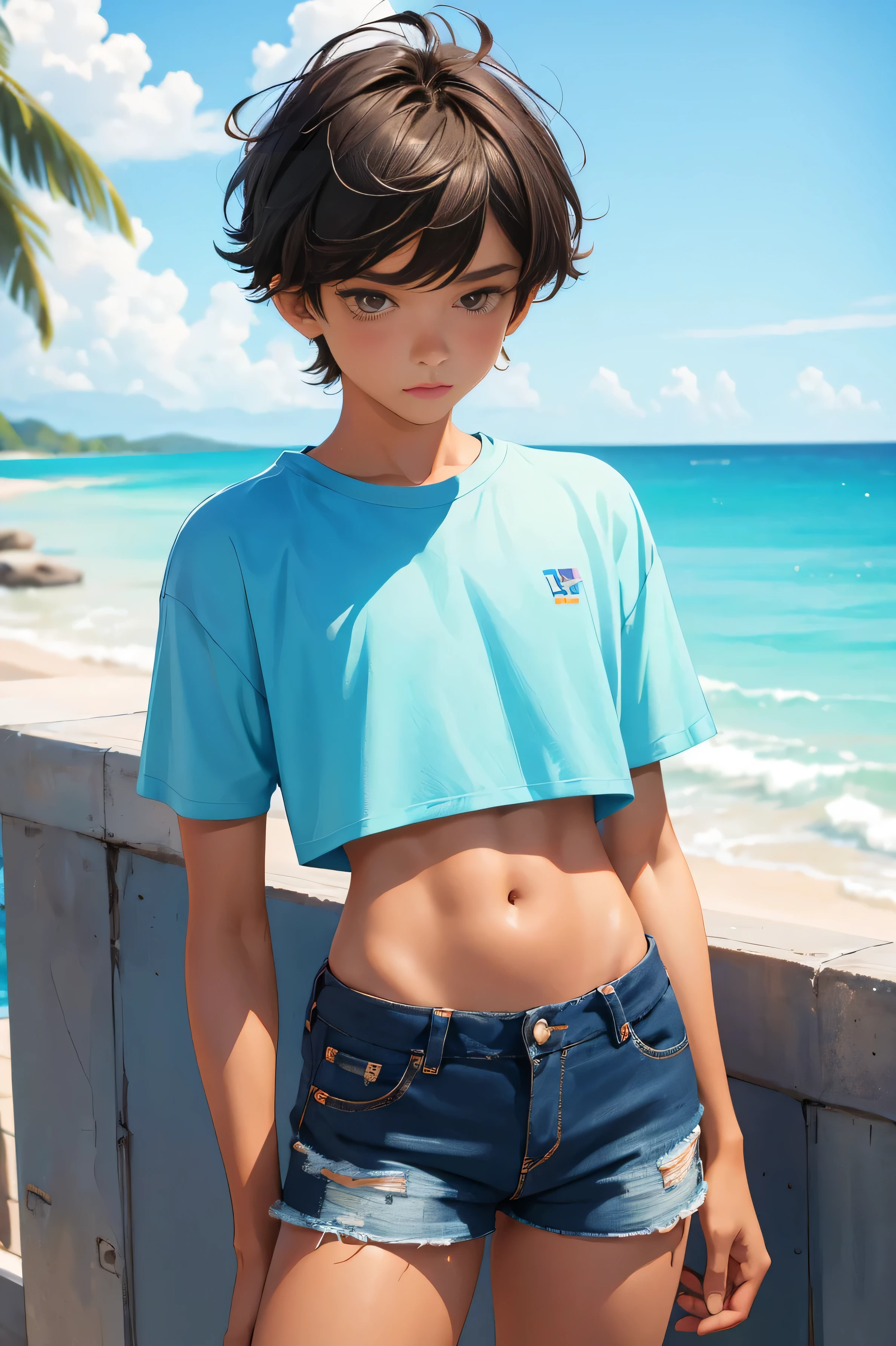 Teen boy 16 years old, beautiful teen boy is wearing a cropped shirt and too very much short mini shorts, the boy's legs are beautiful, tanned, bangs, flirty posing, hot summer, top quality,
