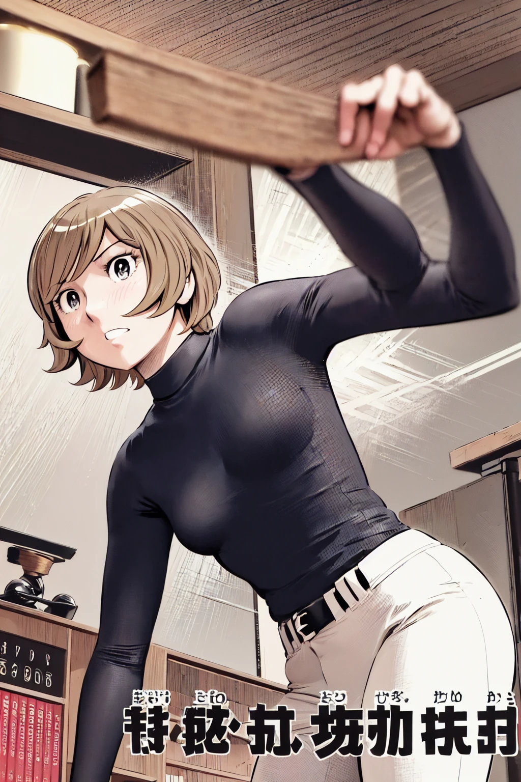 (野球uniform:1.2),
Blonde Hair, (short hair:1.2),Long sleeve, Black Shirt, turtleneck,White trousers、uniform、Black Belt、
View Viewer,, (highest quality:1.3),One girl, Long sleeve、turtleneckアンダーシャツ，White pants、uniform、indoor、locker room、blue eyes、Tight black shirt、(masterpiece、highest quality)、highest quality, Ultra-high resolution, (((masterpiece))), alone, Sweat、Big eyes、One Girl, Front view、Embarrassed face、Bronze colored hair、((short hair))