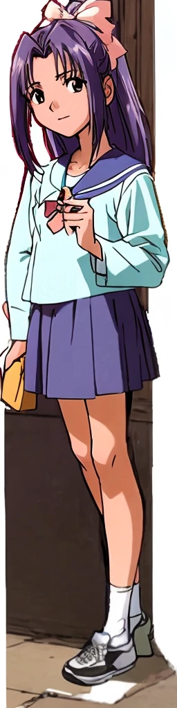 Momoko Koigakubo, a tall woman with beautiful legs, is standing with a smile in a sailor uniform with a dark blue miniskirt.。Oblique angle。