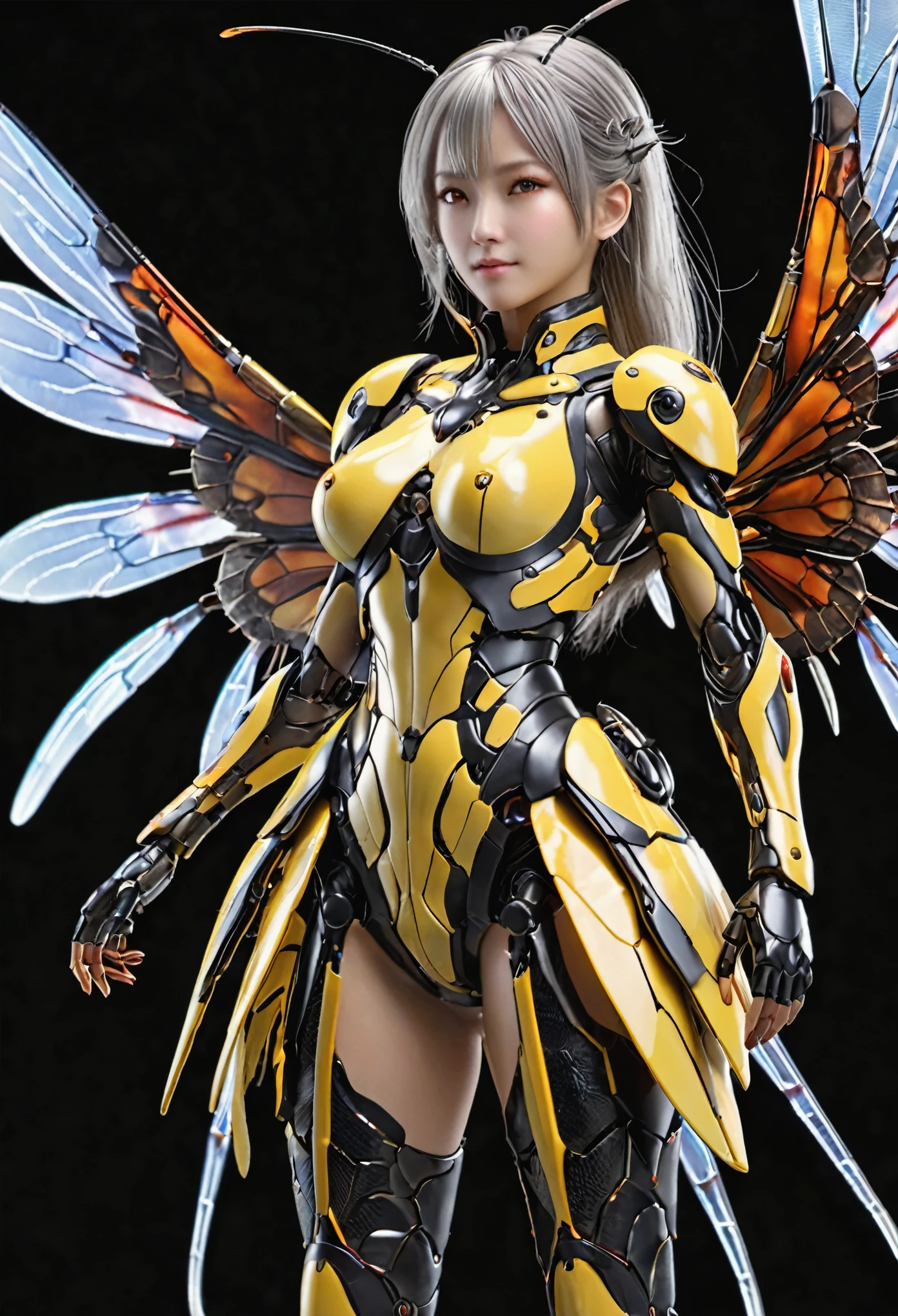 (top-quality:1.2, masterpiece), ultra high res,(Photorealsitic:1.4), (cockroach-like bio insect suit:1.2), heavy weapons,large wings, vivid textures,insect legs, gray hair, glowy skin, japanese girl beautiful face, ((super realistic intricate details)), full body shot, globalillumination, octan render, ultrasharp, character edge light, Details of complex ornaments, Acrylic Clear Cover, Hydraulic cylinder