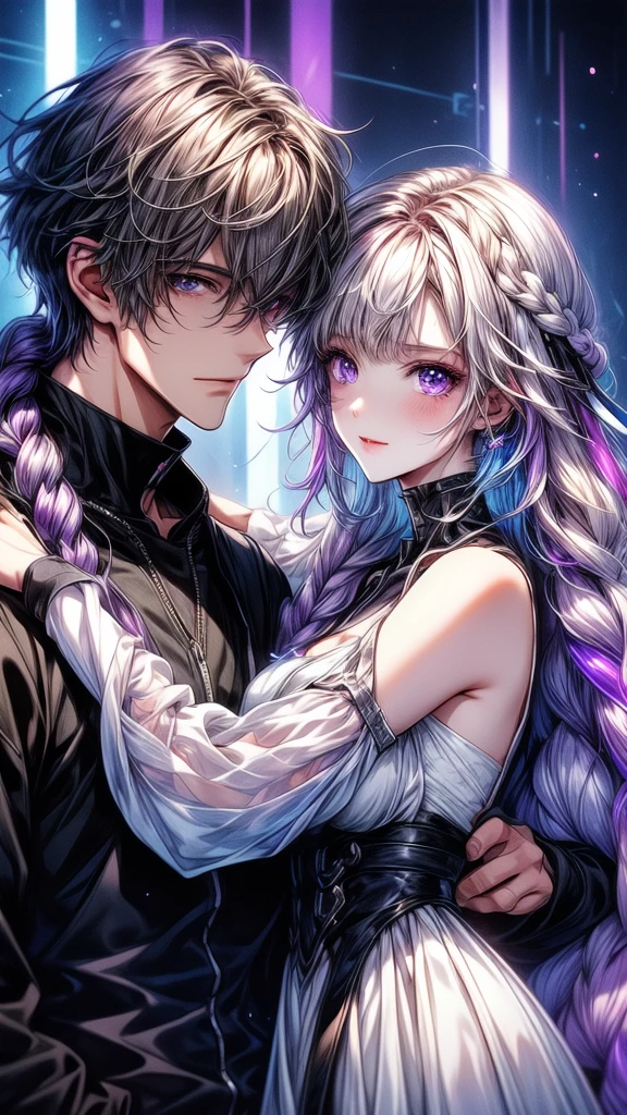 Disorganized、Man and woman couple、highest quality、Masterpiece、Official Art、16K、The best composition、The best light source、The girl has milky white hair with purple inner color, twin long braids, and black clothes in a cyberpunk style.、The man has milky white short hair and a cyberpunk look in white and light blue.、They are gazing at each other lovingly.、A kind smile、Reunion after a long time、Departure、