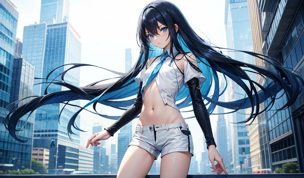 Blue long hair boy,flat chest,Extremely slim figure,White short-sleeved shirt,Bare waist,shorts,Thin legs,City