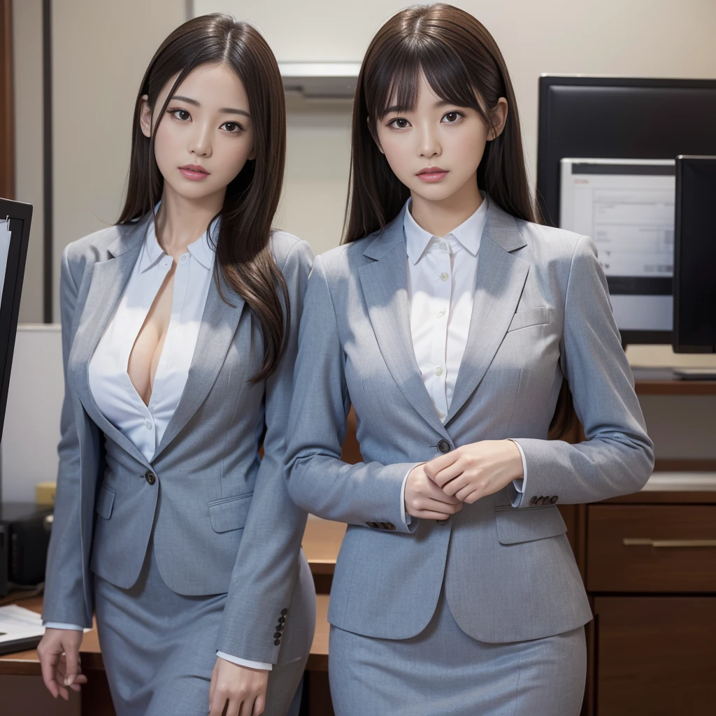 suit,2. Women,Realistic,(超high quality:1.2),Japanese,high quality,masterpiece,(Super detailed:1.4),Japanese lady,Beautiful Face,(skirt-suit:1.1),((office)),thin,High resolution,Big Breasts