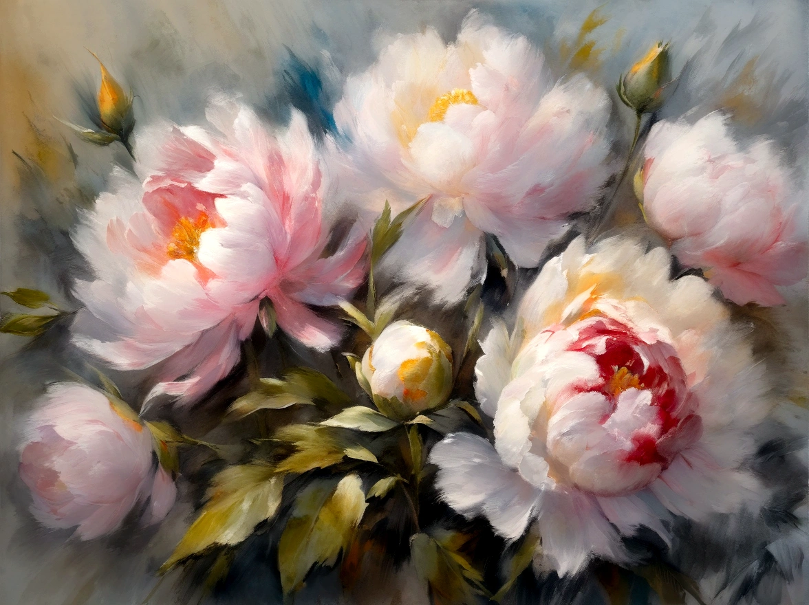 ((materpiece)), ((best quality)), ((high-res)), ((Ink wash)), ((artist)), ((extremly details)), ((impasto painting)), beautiful peonies flowers, pastel colors by Claude Monet