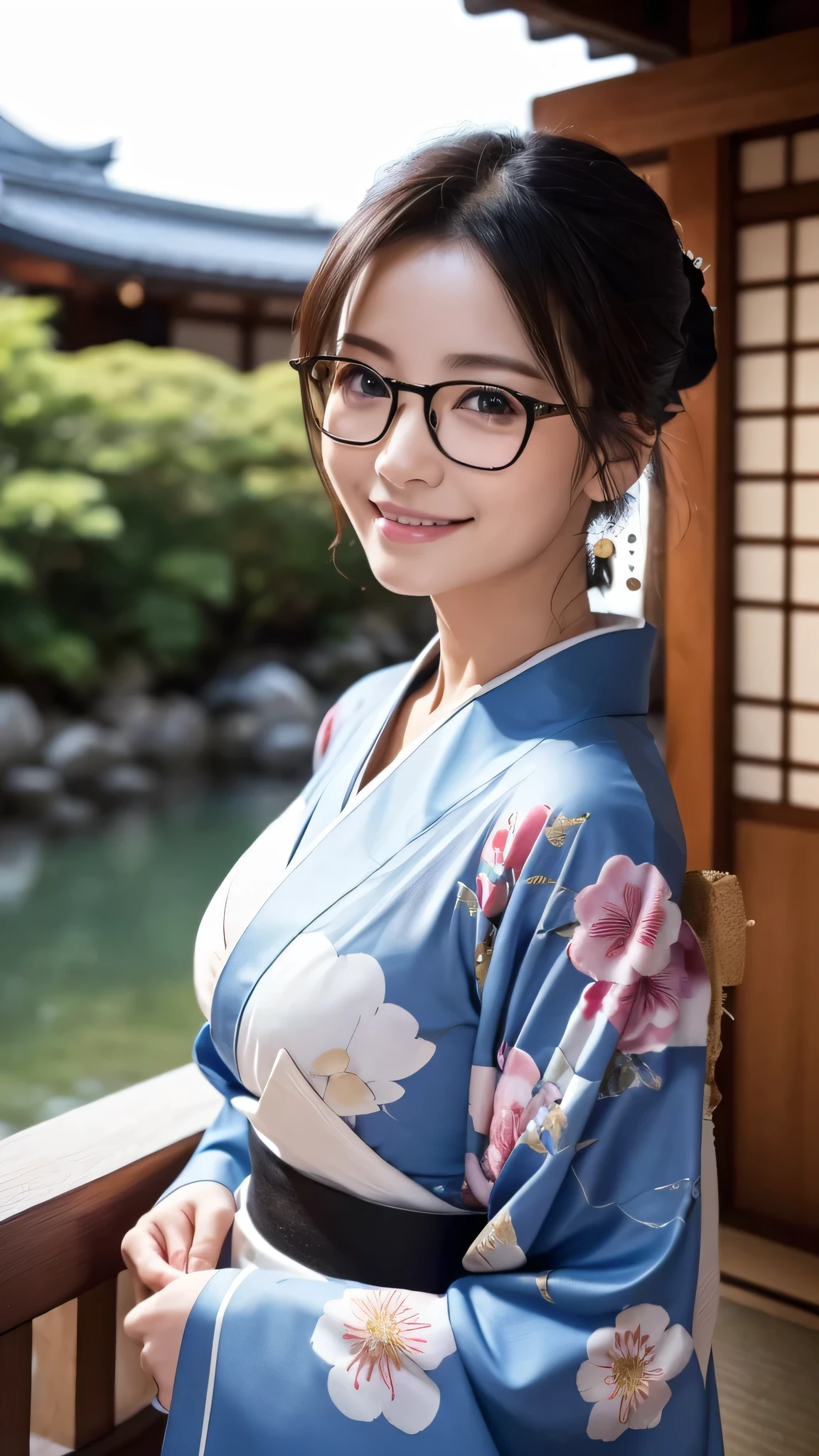 (Super beautiful woman in kimono)、((highest quality、8K masterpiece:1.3))、sharp focus:1.2、(super beautiful face:1.0)、(shiny skin:1.0)、realistic pictures、black hair、video lighting、High resolution eyes and face、video lighting、japanese actress、from the front、big breasts、with a happy smile、Slender abs beauty、whole body、wearing a kimono、in Kyoto、(((luxury obi)))、In Kyoto at night、wearing glasses with no edge、Brush your hair up with your fingers.