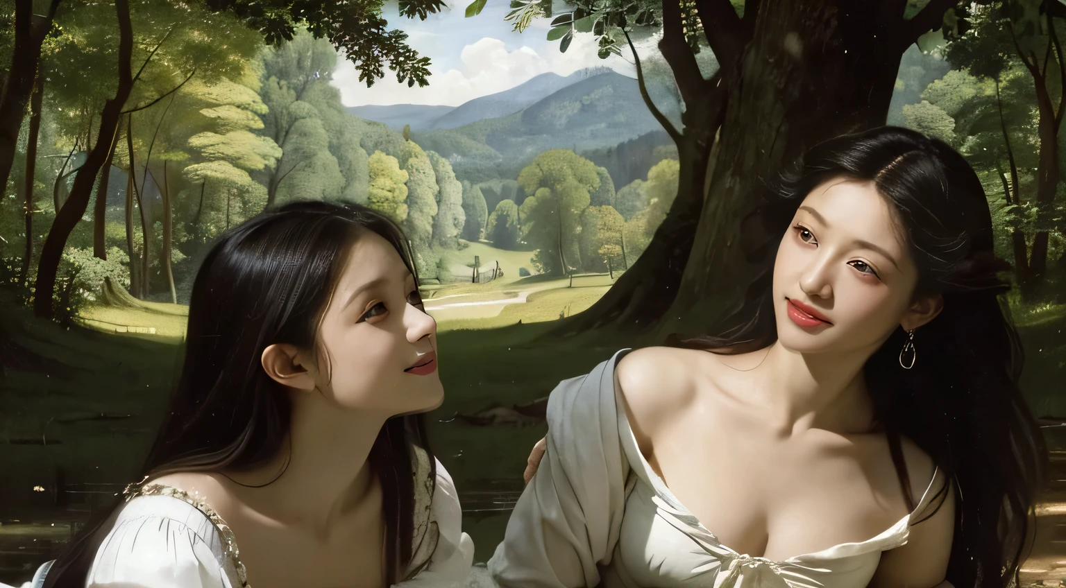 Giorgione painting style,Barbizon forest A beautiful woman in Greek dress smiles on the shore,Sweet and seductive appearance.、Caravaggio's paintings、Chiaroscuro of Caravaggio、hair tousled by the wind,Two women frolicking,cute smile, expression of ecstasy,Sexy,erotic, full body portrait