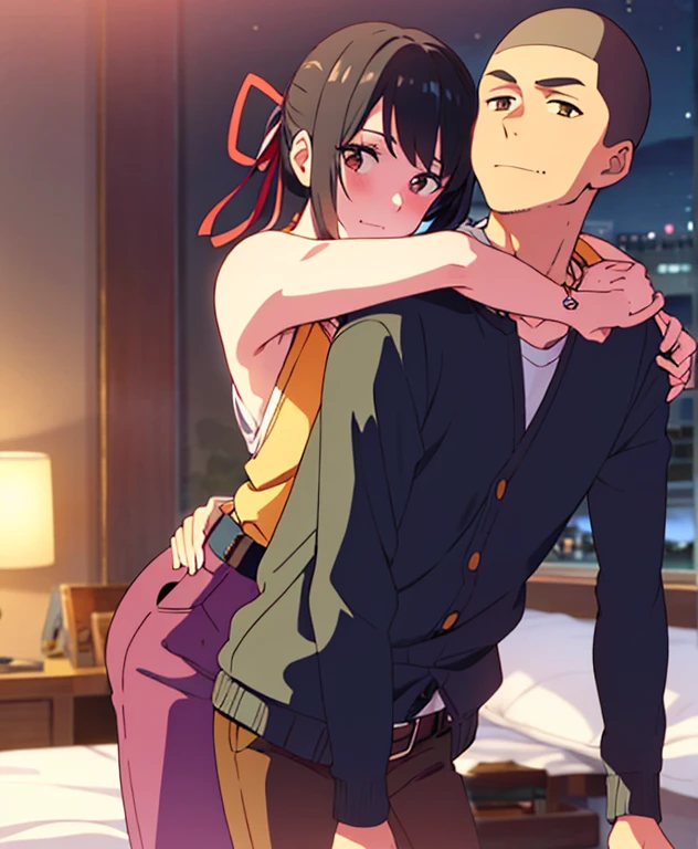 1boy buzzcut, bottomless, hug from behind, buzzcut boy caressing girl's body, breast groping, breast grope, hold breast, biting shoulders, sex from behind, mitsuha miyamizu, black hair, brown eyes,
long hair, straight hair, hair ribbon, cardigan, pink cardigan, shirt, yellow shirt, belt, pants, orange pants, necklace, collarbone,
indoors, night, bedroom,
looking at viewer,