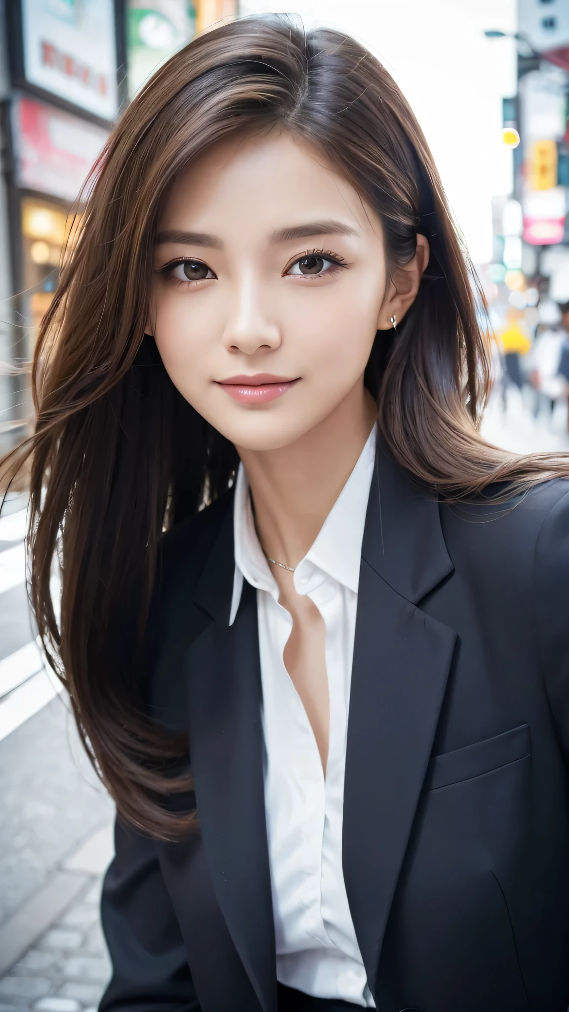 highest quality、genuine、Super detailed、finely、High resolution、8k wallpaper、one beautiful woman、、、light brown disheveled hair、wearing a business suit、sharp focus、perfect dynamic composition、beautiful and detailed eyes、thin hair、Detailed genuine skin texture、smile、model body shape、In Tokyo at morning、Brush your hair up with your fingers.