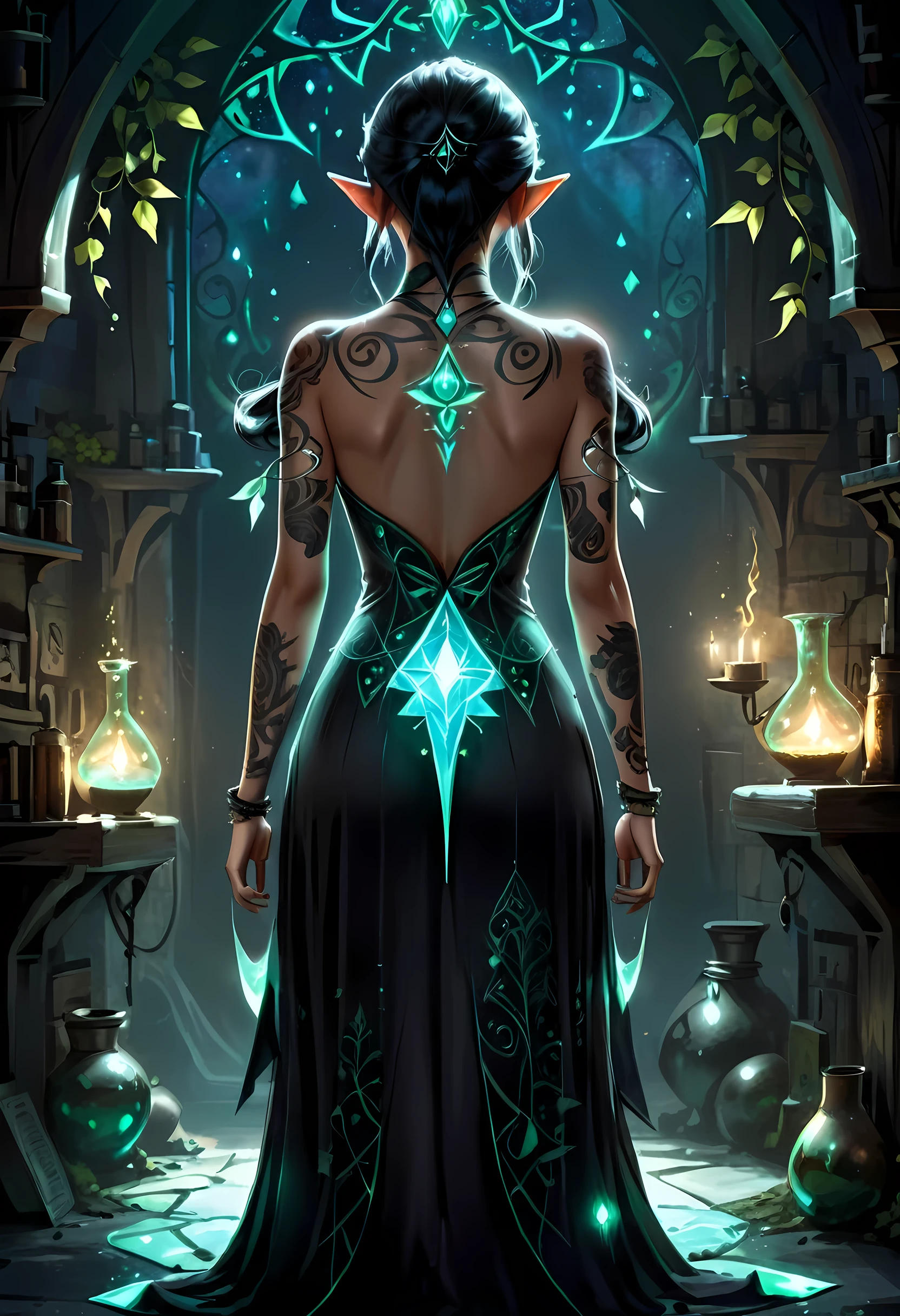 modisn disney, Arafed, Dark fantasy art, fantasy art, goth art, a picture of a tattoo on the back of a female elf, of ((glowing: 1.3)) elven magical runes, AlchemyPunkAI, shoot taken from the back, ((the back is visible: 1.3), she wears a transparent dress that the tattoos glow, crystalline dress