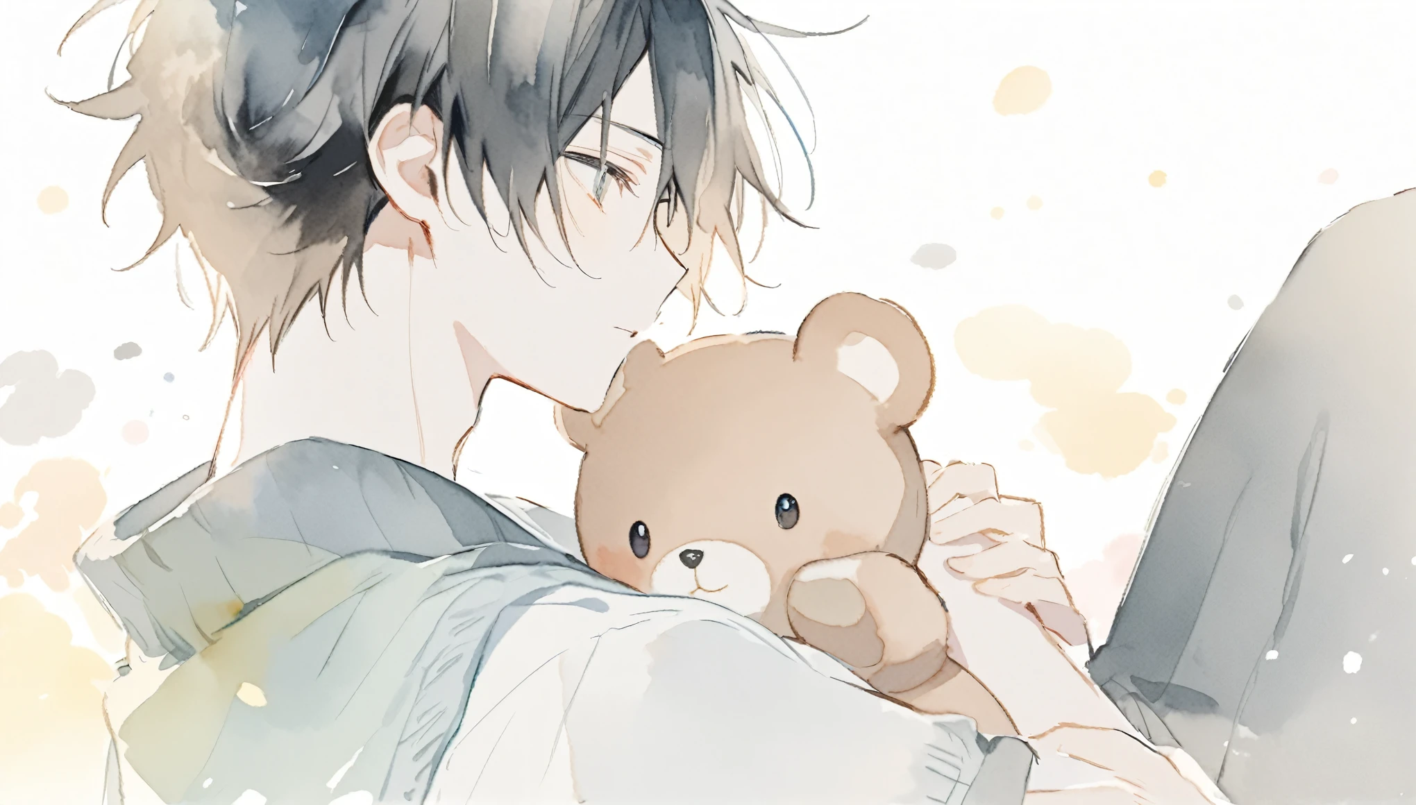 Watercolor、pale colour、Black-haired boy holding a teddy bear。