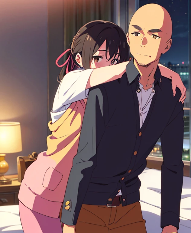 score_9, score_8_up, score_7_up, source_anime,
mitsuhamiyamizu, 1boy bald, bottomless, hug from behind, bald boy caressing girl's body, breast groping, breast grope, hold breast, biting shoulders, sex from behind, mitsuha miyamizu, black hair, brown eyes,
long hair, straight hair, hair ribbon, cardigan, pink cardigan, shirt, yellow shirt, belt, pants, orange pants, necklace, collarbone,
indoors, night, bedroom,
looking at viewer,