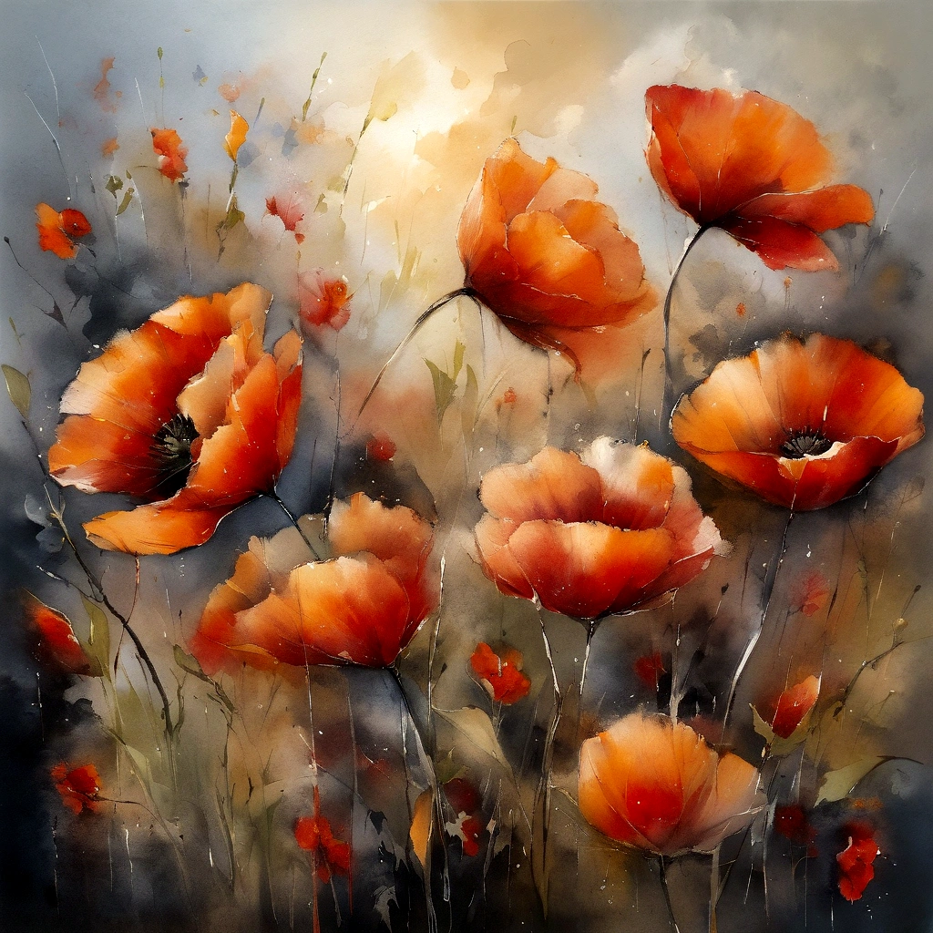 ((materpiece)), ((best quality)), ((high-res)), ((Ink wash)), ((artist)), ((extremly details)), beautiful poppies flowers, pastel colors