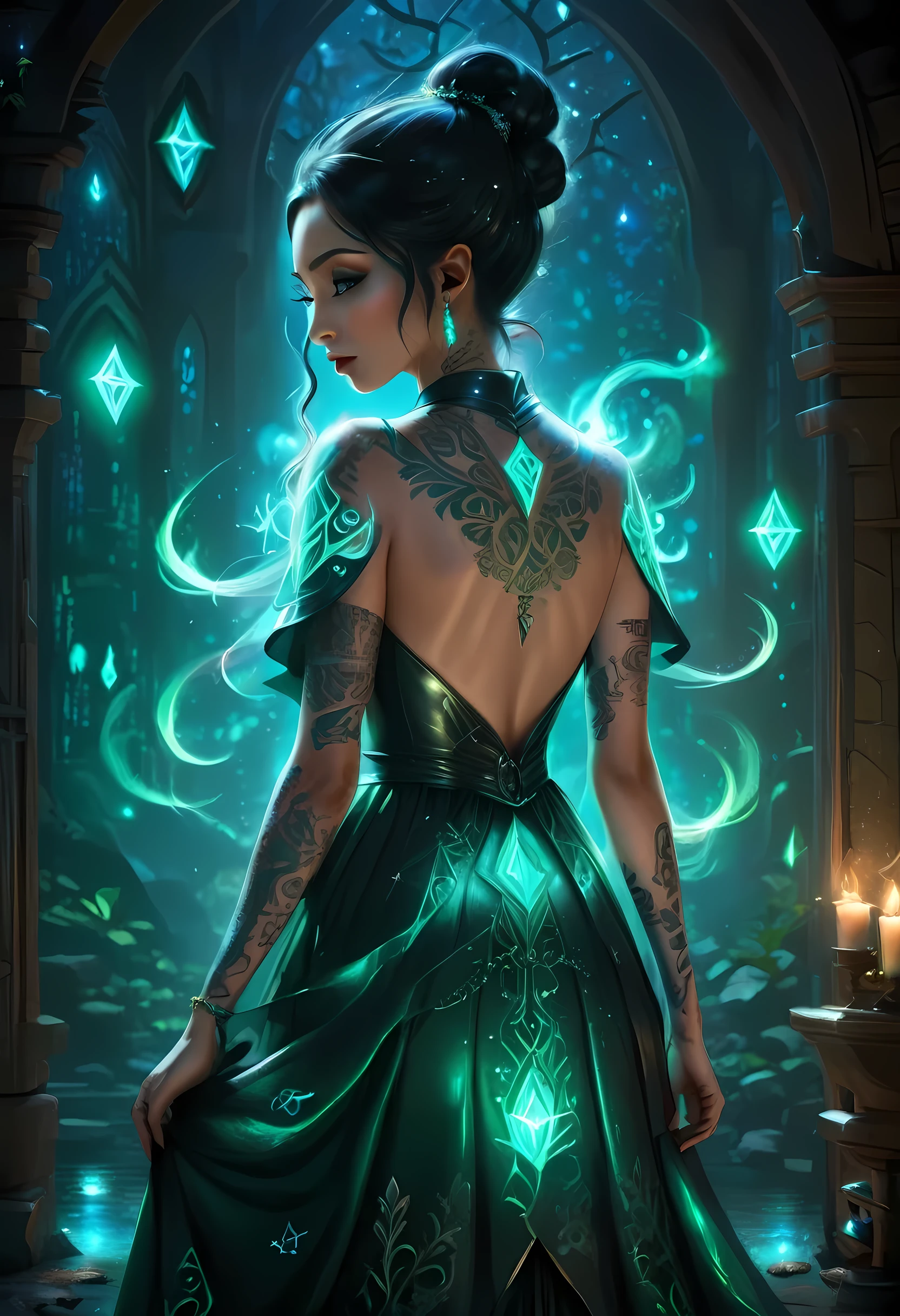 modisn disney, Arafed, Dark fantasy art, fantasy art, goth art, a picture of a tattoo on the back of a female elf, of  glowing elven magical runes, AlchemyPunkAI, shoot taken from the back, ((the back is visible: 1.3), she wears a transparent dress that the tattoos glow, crystalline dress