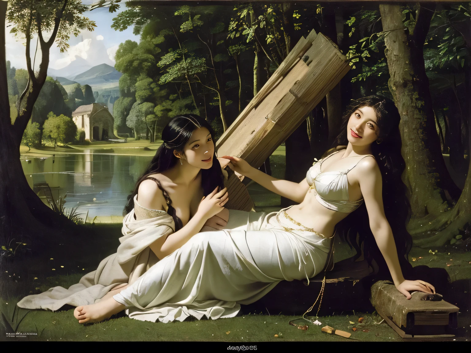 Giorgione painting style,Barbizon forest A beautiful woman in Greek dress smiles on the shore,Sweet and seductive appearance.、Caravaggio's paintings、Chiaroscuro of Caravaggio、hair tousled by the wind,Two women frolicking,cute smile, expression of ecstasy,Sexy,erotic, full body portrait