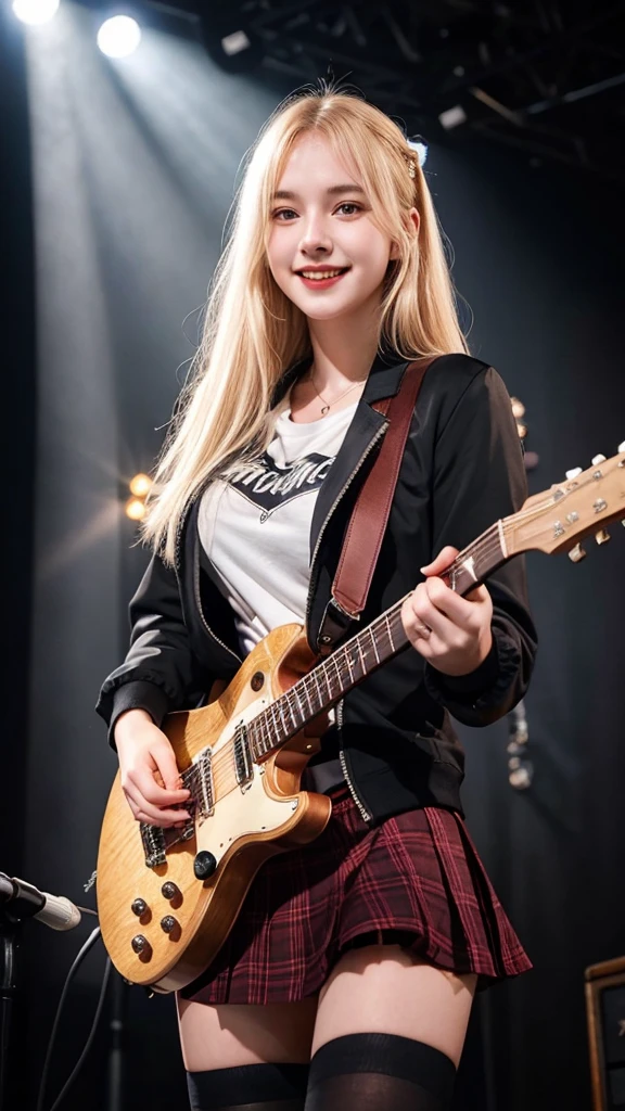 ((best quality)), photorealistic, photorealism, Photorealistic, high resolution, school girl blazer、 black t shirt、Red checked knee-length skirt、Long skirt、JK Style、Jacket、smile、Knee-high socks、Thigh-high socks、pantyhose、A superb beauty、Super cute、ennui、Rare beauty、pony tail hair、Black Dark Eyeshadow、Sad、white skin、pale skin、Long hair straightener、Dark Gothic Makeup、Cute Smile、Fragrant beauty、Stained glass background、Mastepiece、Best Quality、Refers to 5 books、Sweat glistening on my chest、Sweat glistening on my face、Small breasts、Blonde hair、Age 20 years old、Mysterious look、A sad expression、Blonde Hair、mysterious gothic church、enchanting castle、Sweating profusely all over the body、A lot of sweat and light on the thighs、Shiny thighs、Plenty of sweat glistening on the thighs、A large amount of sweat glistens on my thighs、Sweating profusely、Gal、Medium breasts、beautiful face、Alluring expression、Thin thighs、Playing electric guitar、I have an electric guitar、Sing a song enthusiastically、Playing guitar in a band、Playing guitar chords、Live House Background、Sing a song、Open your mouth、Live house scenery、Mike stand、Glamorous live stage、Dynamic Angle、cinematic lighting
