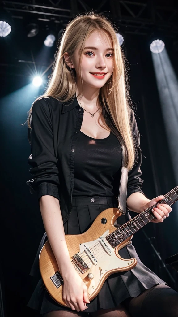 ((best quality)), photorealistic, photorealism, Photorealistic, high resolution, school girl blazer、 black t shirt、Red checked knee-length skirt、Long skirt、JK Style、Jacket、smile、Knee-high socks、Thigh-high socks、pantyhose、A superb beauty、Super cute、ennui、Rare beauty、pony tail hair、Black Dark Eyeshadow、Sad、white skin、pale skin、Long hair straightener、Dark Gothic Makeup、Cute Smile、Fragrant beauty、Stained glass background、Mastepiece、Best Quality、Refers to 5 books、Sweat glistening on my chest、Sweat glistening on my face、Small breasts、Blonde hair、Age 20 years old、Mysterious look、A sad expression、Blonde Hair、mysterious gothic church、enchanting castle、Sweating profusely all over the body、A lot of sweat and light on the thighs、Shiny thighs、Plenty of sweat glistening on the thighs、A large amount of sweat glistens on my thighs、Sweating profusely、Gal、Medium breasts、beautiful face、Alluring expression、Thin thighs、Playing electric guitar、I have an electric guitar、Sing a song enthusiastically、Playing guitar in a band、Playing guitar chords、Live House Background、Sing a song、Open your mouth、Live house scenery、Mike stand、Glamorous live stage、Dynamic Angle、cinematic lighting