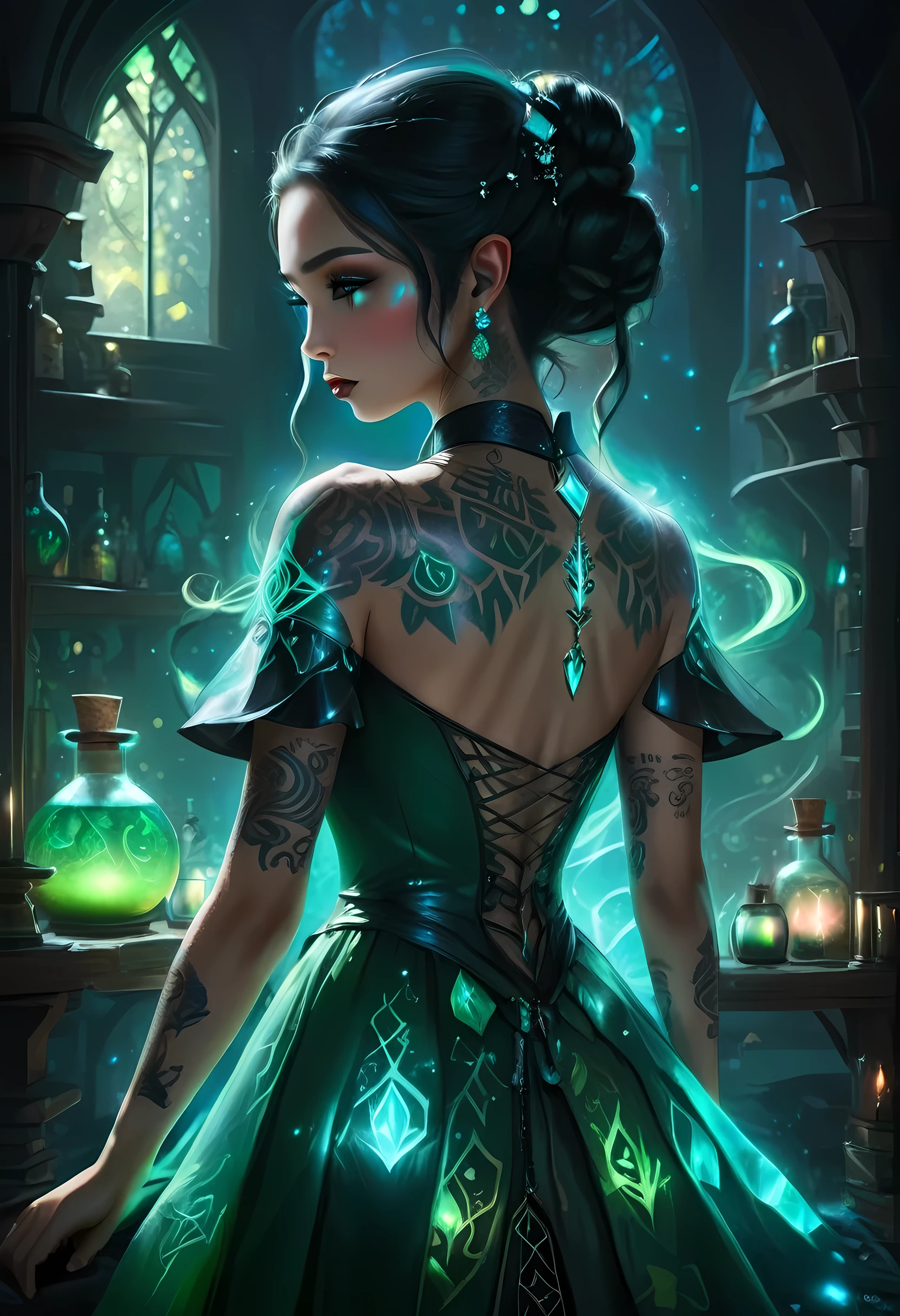 modisn disney, Arafed, Dark fantasy art, fantasy art, goth art, a picture of a tattoo on the back of a female elf, of glowing elven magical runes, AlchemyPunkAI, shoot taken from the back, ((the back is visible: 1.3), she wears a transparent dress that the tattoos glow, crystalline dress