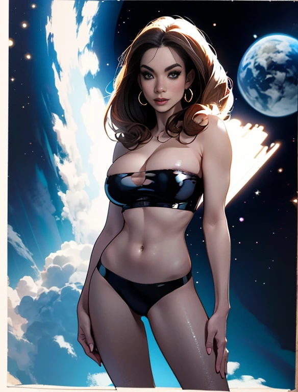 Anitta em painel de quadrinhos, corpo todo, bold lineart illustration comics, olhos sedutores, parted lips, Corpo perfeito, curved, bunda grande, sexy pele bronzeada, mais alta qualidade, corpo todo, [olhos azuis], cabelo preto, pele bronzeada, gargantilha preta BREAK solo, standing, Corpo perfeito, vestindo uma armadura cyberpunk branca, cyborg parts, QUEBRAR fundo branco ((top de renda branca)), ((tanga de renda prateada)) (((Olhos detalhados ultra realistas))), suado , modelo fotografar pose, textura ultra-pele, ((detalhes ultra-pele)), skin imperfections, detalhes intrincados, Vista traseira ( in the dark background of sci-fi spaceship interstellar space)