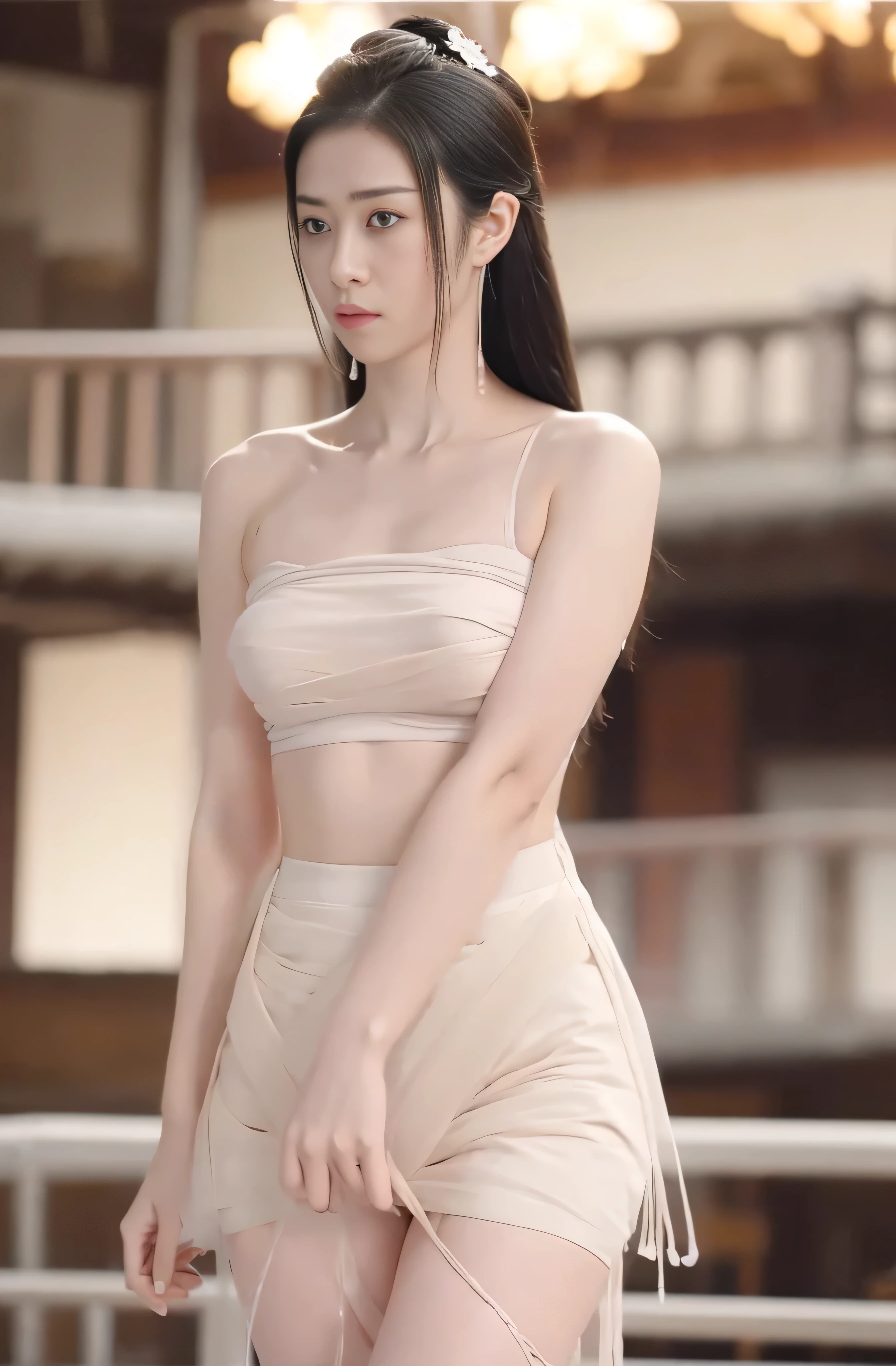 1 Girl,looking at the audience, Alone focus, Practical, Bare shoulders, Bare thighs，Bare neck，Gauze Skirt, Upper Body, Blurred Background，Full breasts