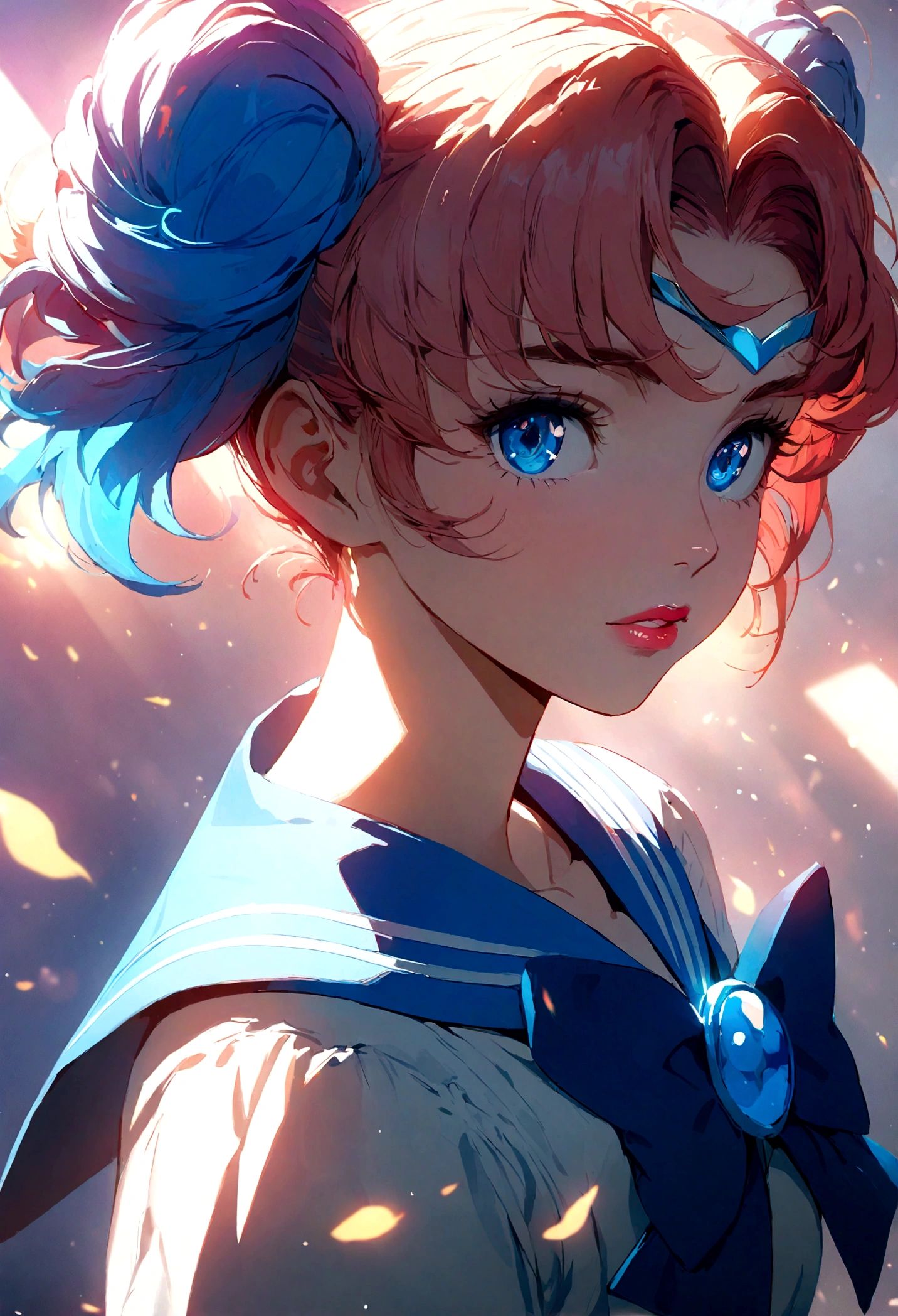 1girl, sailor mercury, bishoujo senshi sailor moon, extremely detailed face, beautiful eyes, long eyelashes, detailed lips, detailed hair, anime style, magical girl, meatball hairstyle, , sailor collar, detailed bow, fluorescent lighting, vivid colors, glowing effect, fantasy, soft lighting, digital painting, cinematic, masterpiece, (best quality,8k,highres,detailed)