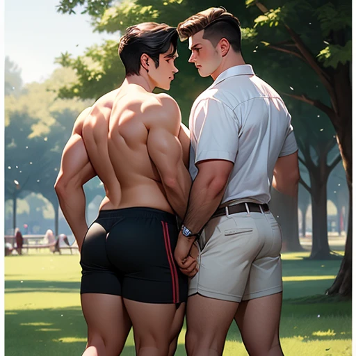 an aristocrat boy of the 17th century and his servant, lovemaking on the grass in the park , only in lace underpants, in a white viscous liquid, lustful, regular facial features, plump lips, pronounced cheekbones, 18-year-old, seductive, depraved, daring, athletic, muscular, narrow waist, big balls, big dick, very handsome, with big buttocks, short shorts smaller by a size, only men, boys, boys, male