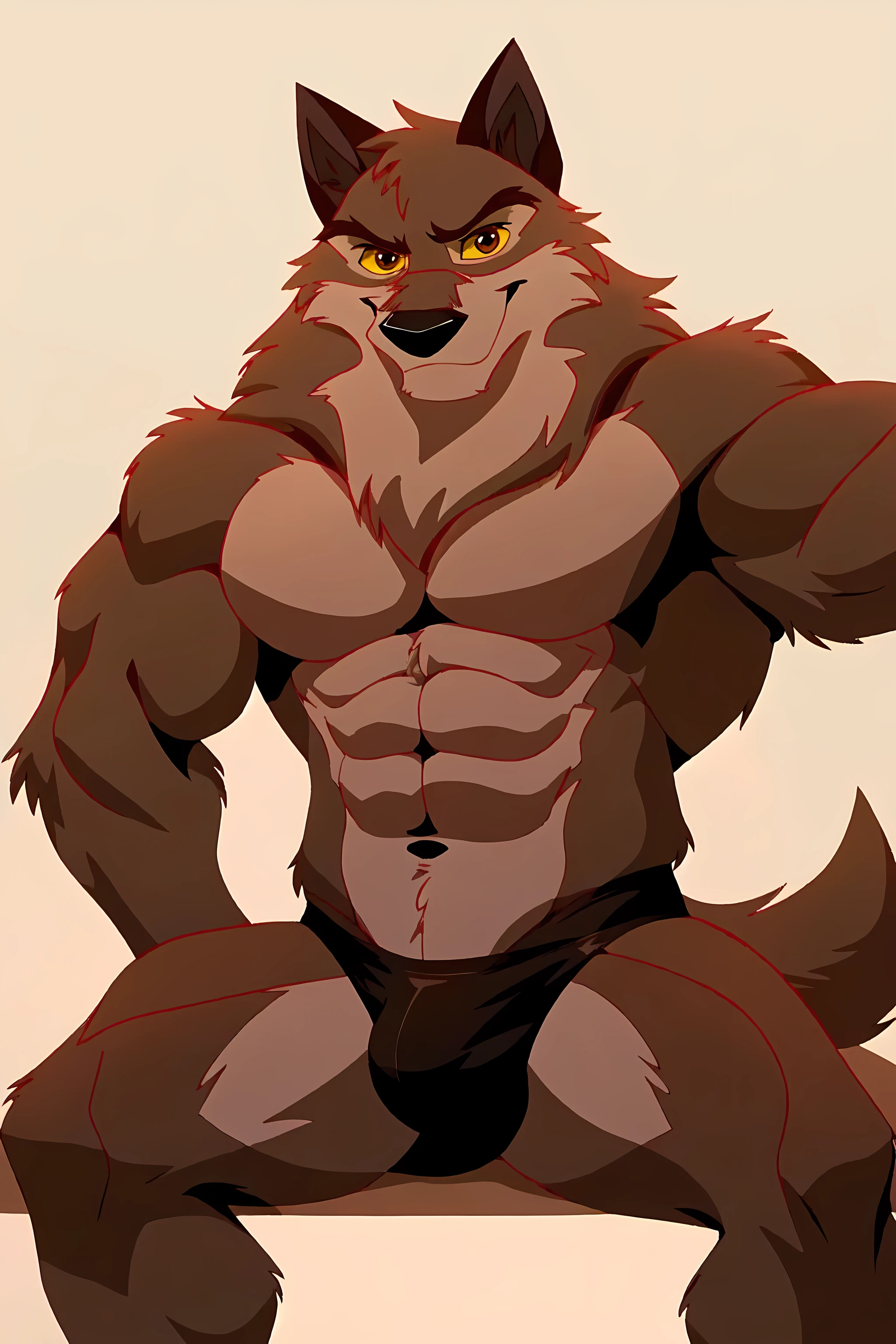 balto, detailed, detailed face, detailed eyes, anthro body, black lineart, black outline, male, masculine, muscular body, pectorals, adult, wolf, wolf body, brown iris, yellow sclera, cartoon shading, cel shaded:1.0, confident, proud, smile, white background, front view:1.1, balto feet, legs, legs spread, black speedos, full body:1.2, wolf tail, mwvector
