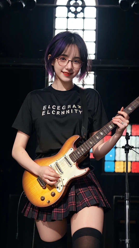 ((best quality)), photorealistic, photorealism, Photorealistic, high resolution, school girl blazer、 black t shirt、Red checked knee-length skirt、Long skirt、JK Style、Jacket、sun glasses, smile、Knee-high socks、Thigh-high socks、pantyhose、A superb beauty、Super cute、ennui、Rare beauty、short hair、Black Dark Eyeshadow、Sad、white skin、pale skin, short hair straightener、Dark Gothic Makeup、Cute Smile、Fragrant beauty、Stained glass background、Mastepiece、Best Quality、Refers to 5 books、Sweat glistening on my chest、Sweat glistening on my face、Small breasts、mix color hair、Age 20 years old、Mysterious look、A sad expression、mix color Hair、mysterious gothic church、enchanting castle、Sweating profusely all over the body、A lot of sweat and light on the thighs、Shiny thighs、Plenty of sweat glistening on the thighs、A large amount of sweat glistens on my thighs、Sweating profusely、Gal、Medium breasts、beautiful face、Alluring expression、Thin thighs、Playing electric guitar、I have an electric guitar、Sing a song enthusiastically、Playing guitar in a band、Playing guitar chords、Live House Background、Sing a song、Open your mouth、Live house scenery、Mike stand、Glamorous live stage、Dynamic Angle、cinematic lighting