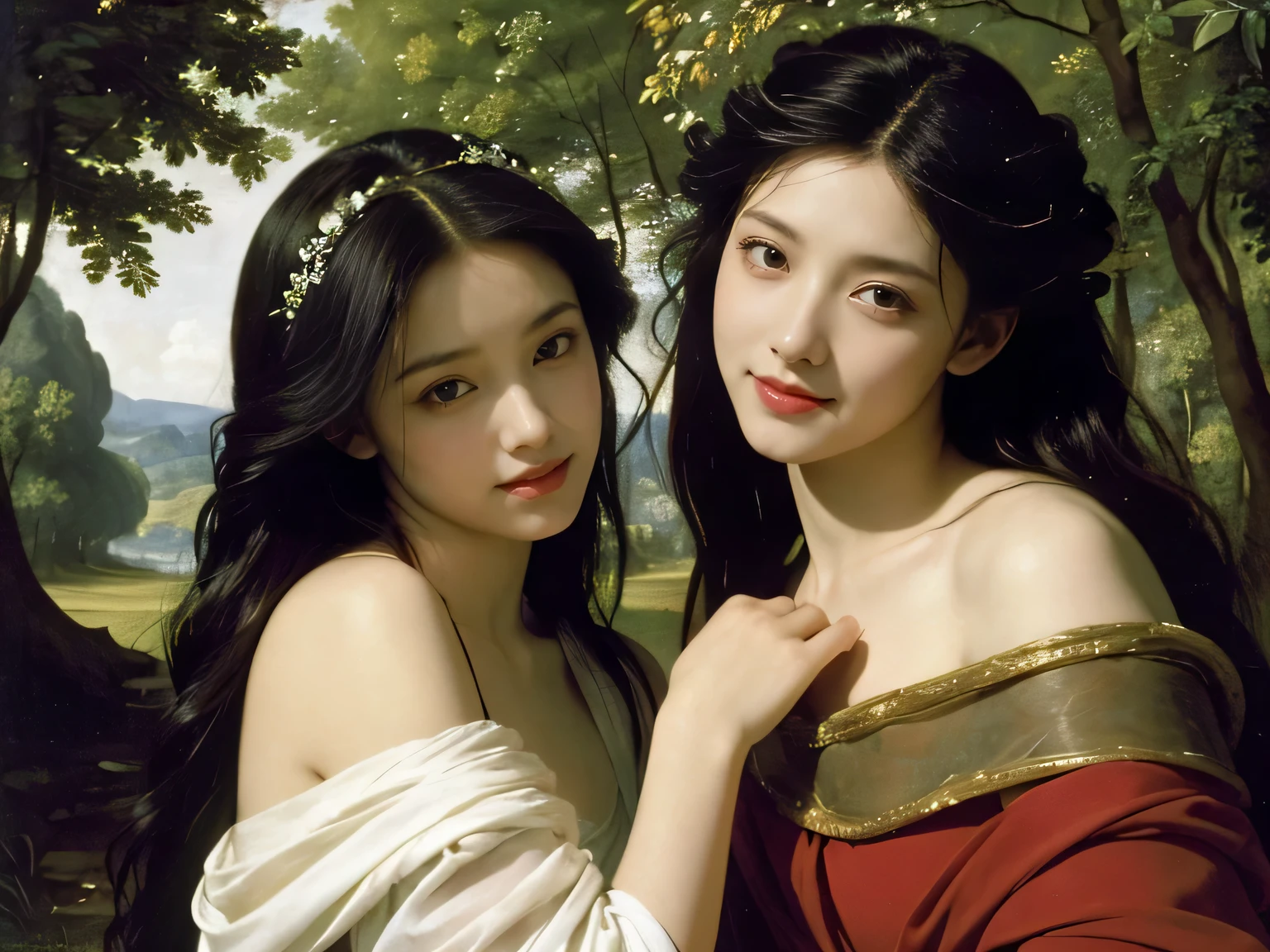 Giorgione painting style,Barbizon forest A beautiful woman in Greek dress smiles on the shore,Sweet and seductive appearance.、Caravaggio's paintings、Chiaroscuro of Caravaggio、hair tousled by the wind,Two women frolicking,cute smile, expression of ecstasy,Sexy,erotic, full body portrait