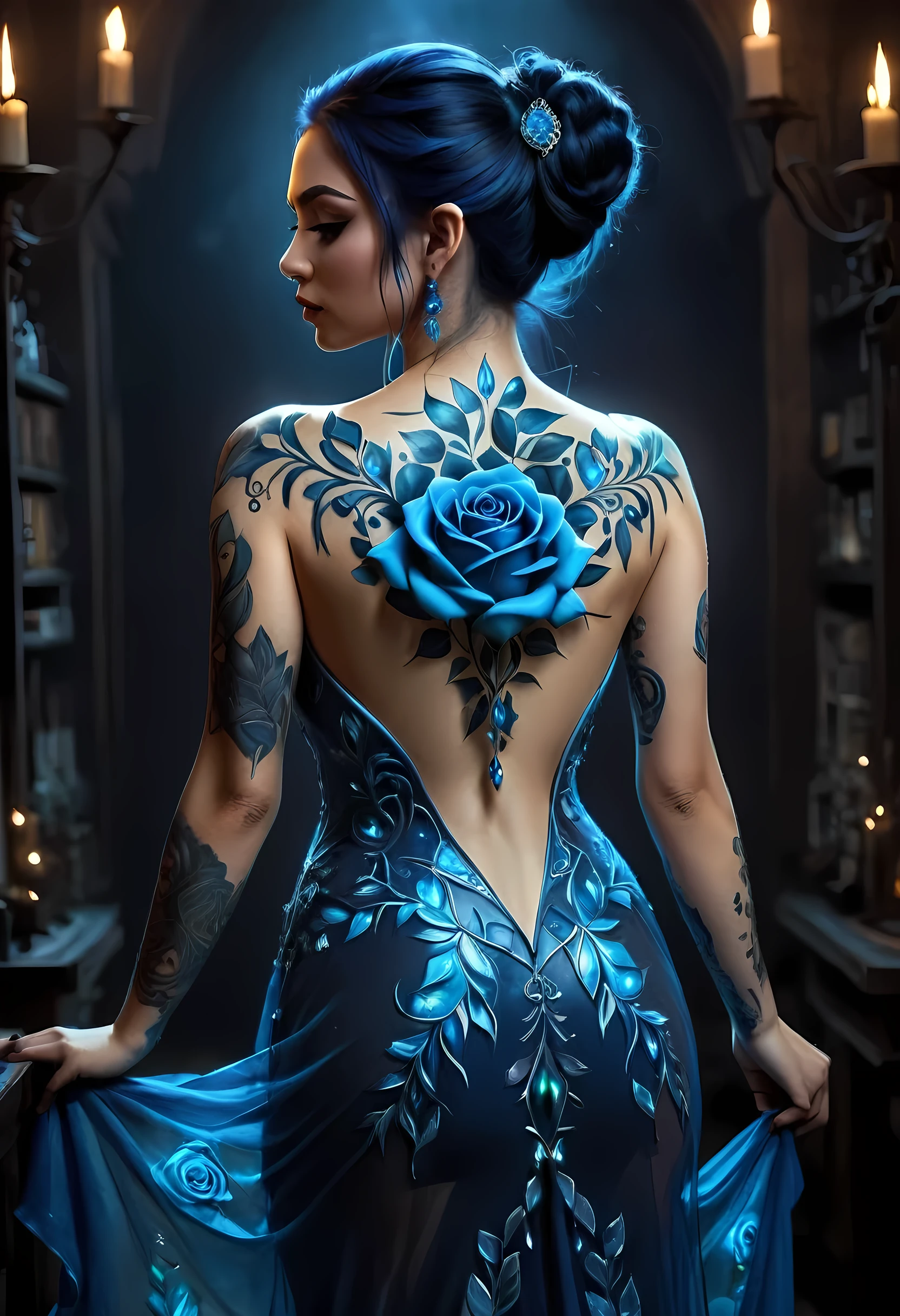 modisn disney, Arafed, Dark fantasy art, fantasy art, goth art, a picture of a tattoo on the back of a female elf, of  glowing tattoo of a ((blue: 1.3)) the rose tattoo is vivid, intricate detailed coming to life rose from the ink to real life, , thes, AlchemyPunkAI, shoot taken from the back, ((the back is visible: 1.3), she wears a transparent dress that the tattoos glow, crystalline dress