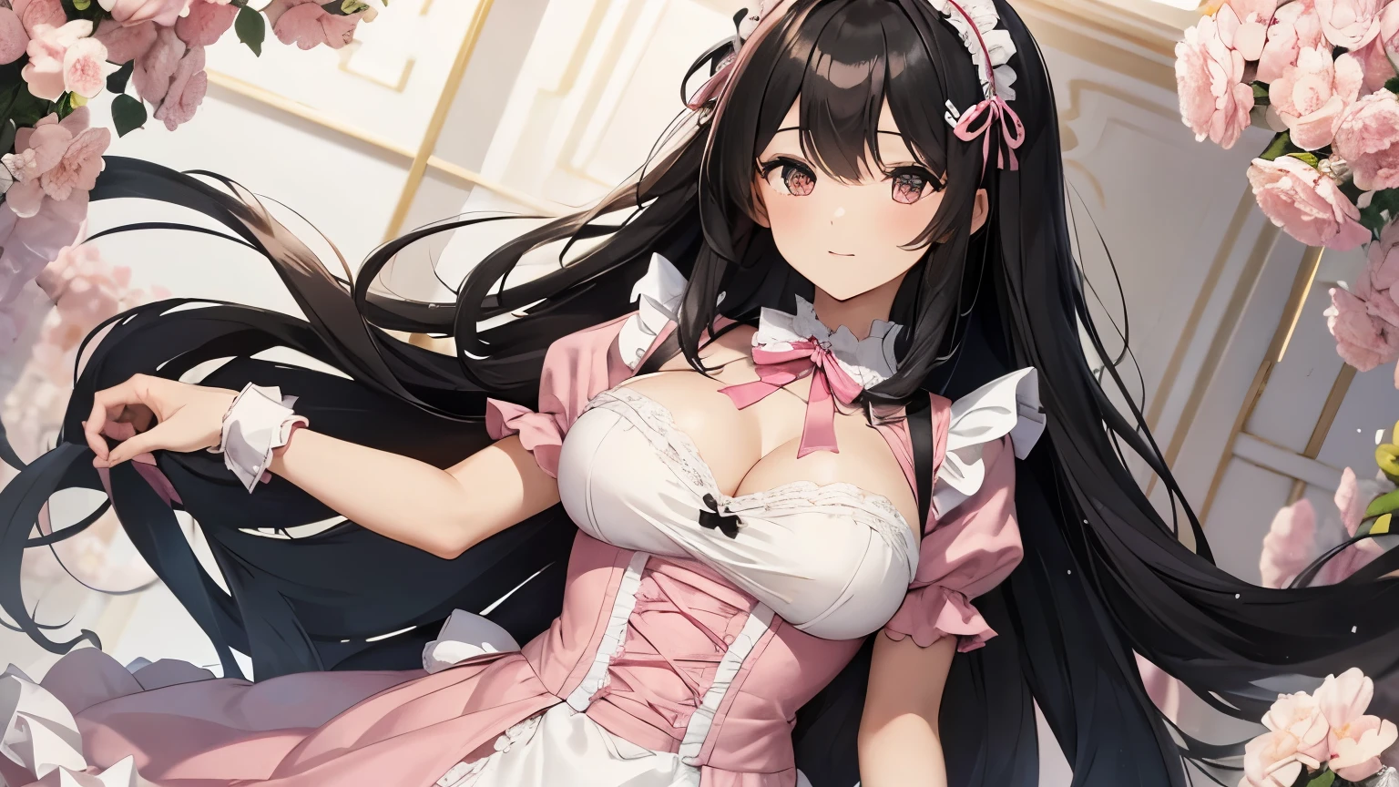 A beautiful girl wearing a pink maid outfit with lots of frills and lace Long straight black hair with hair ornament Upper Body Big Breasts