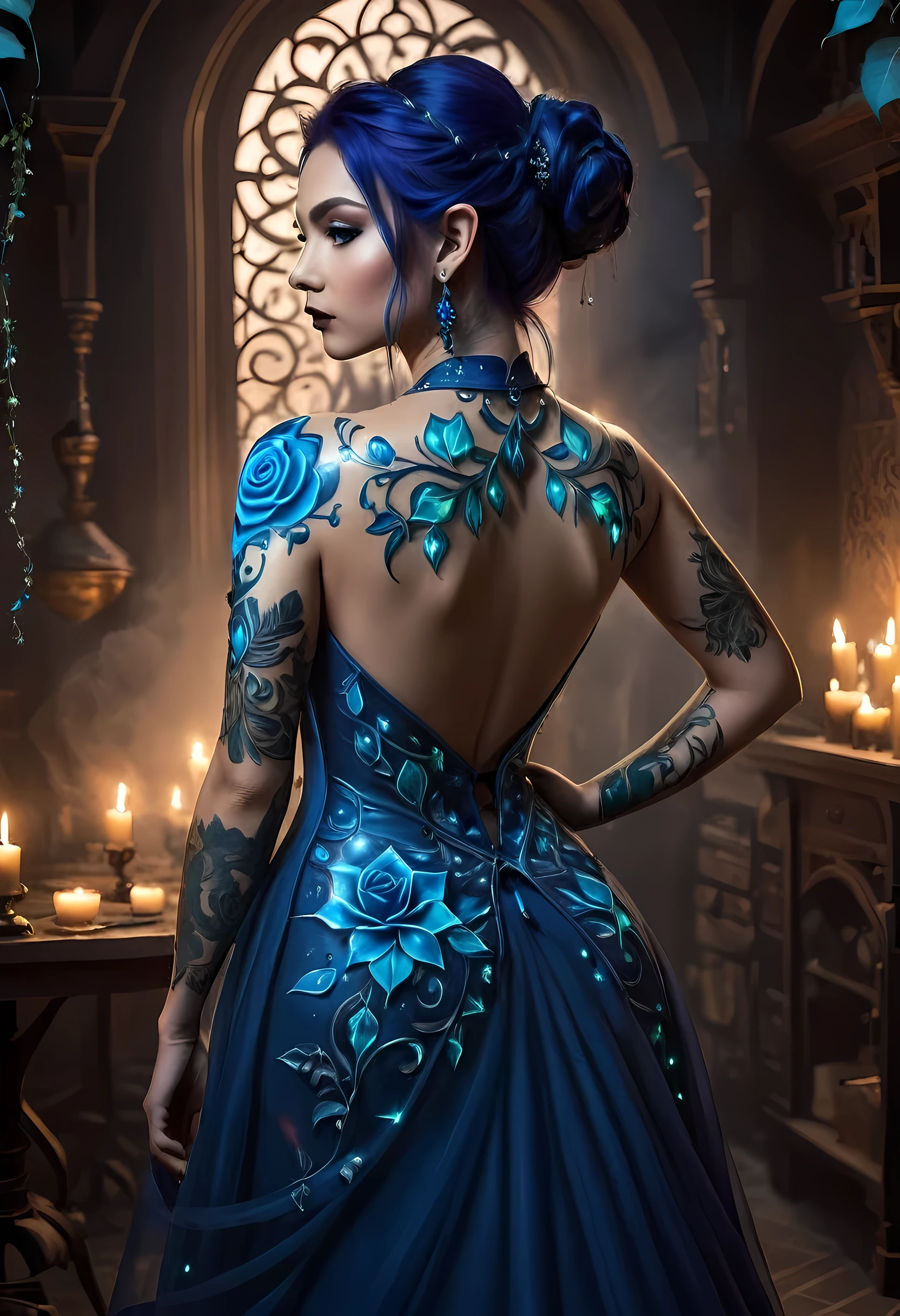 modisn disney, Arafed, Dark fantasy art, fantasy art, goth art, a picture of a tattoo on the back of a female elf, of  glowing tattoo of a ((blue: 1.3)) the rose tattoo is vivid, intricate detailed coming to life rose from the ink to real life, , thes, AlchemyPunkAI, shoot taken from the back, ((the back is visible: 1.3), she wears a (white: 1.3),  transparent dress that the tattoos glow, crystalline dress