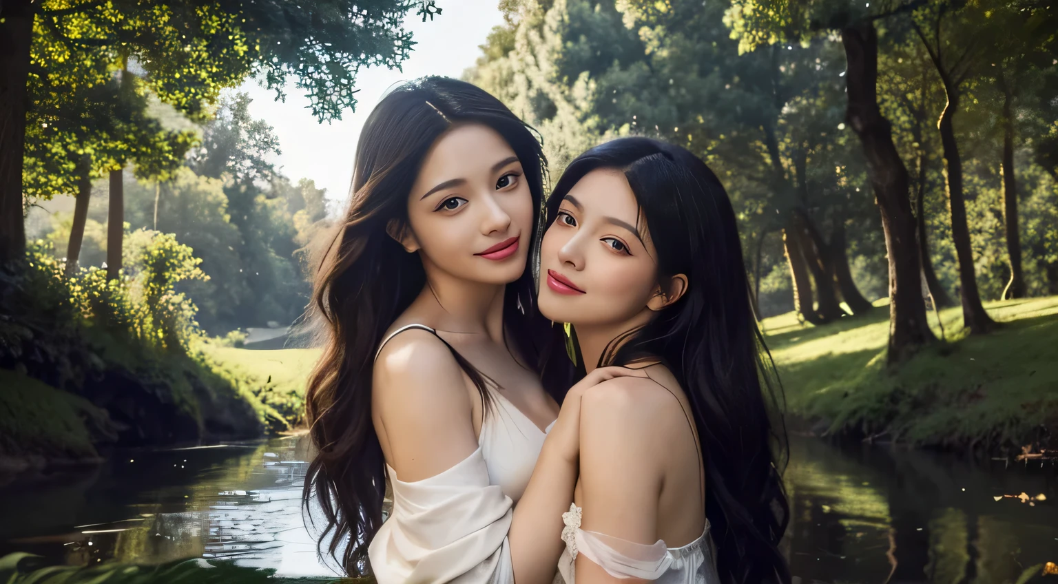 Giorgione painting style,Barbizon forest A beautiful woman in Greek dress smiles on the shore,Sweet and seductive appearance.、Caravaggio's paintings、Chiaroscuro of Caravaggio、hair tousled by the wind,Two women frolicking,cute smile, expression of ecstasy,Sexy,erotic, full body portrait