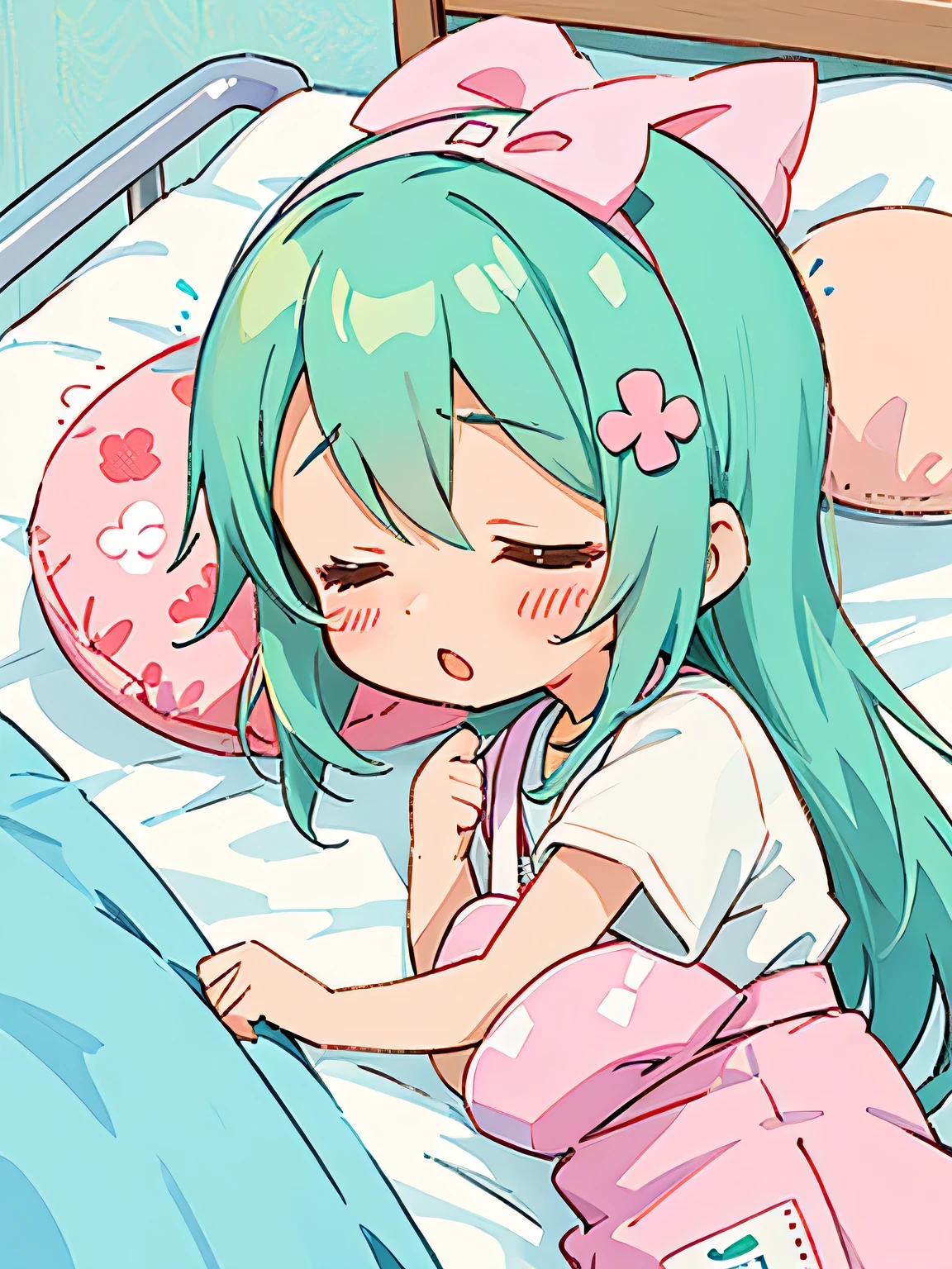 Mai Yoneyama style, Kawaii Design, The most beautiful girl of all time、Chibi, Taking a nap、hospital bed