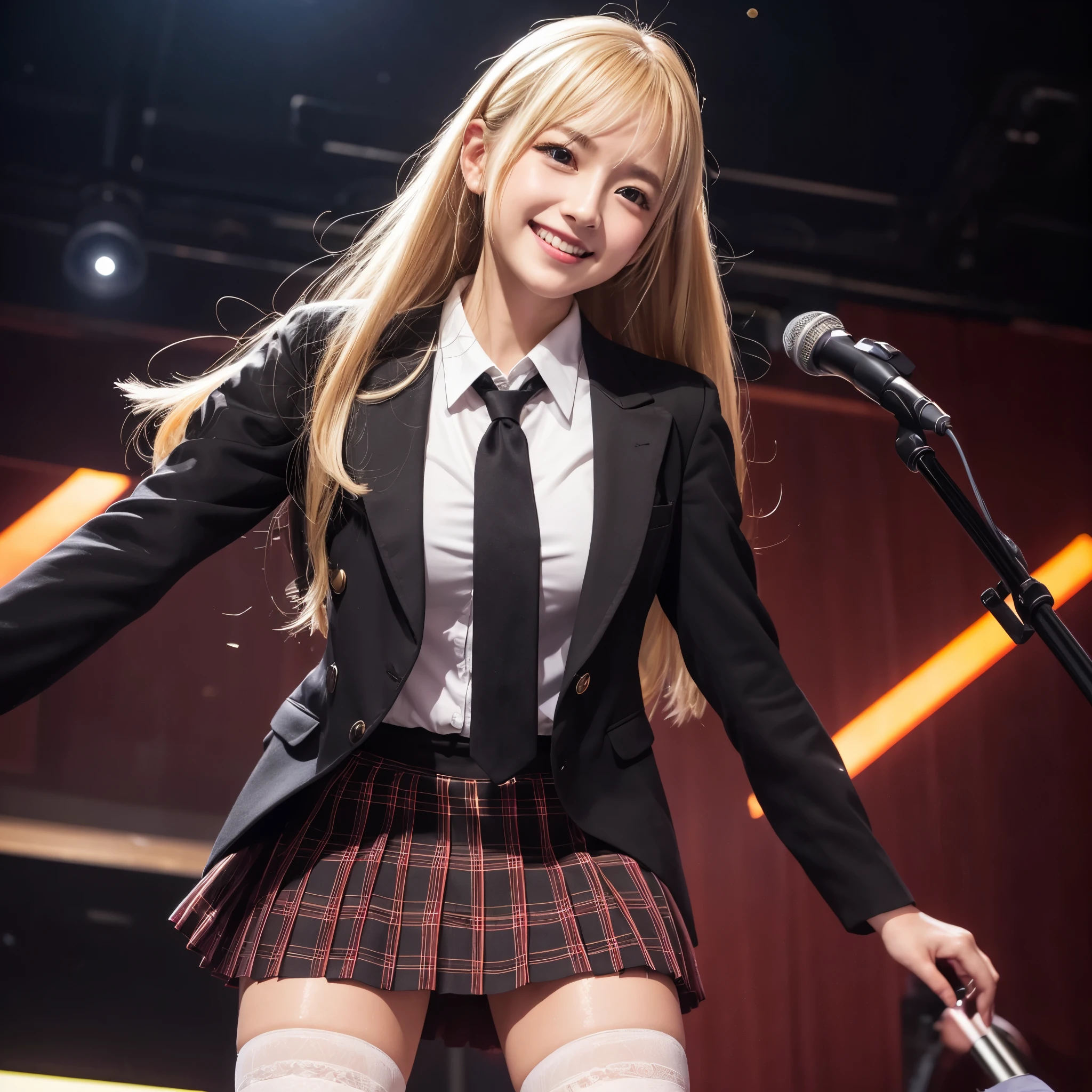 High school girl blazer、 uniform、Red checked knee-length skirt、Long skirt、JK Style、Jacket、smile、Knee-high socks、Thigh-high socks、pantyhose、super beauty、Super cute、ennui、Rare beauty、Black Dark Eyeshadow、Good skin glow、Long hair straightener、Dark Gothic Makeup、Dark Smile、Fragrant beauty、Stained glass background、Masterpiece、Best Quality、Refers to 5 books、Sweat glistening on chest、Sweat glistening on face、Small breasts、Golden Hair、Age 19 years old、Slightly slim、Mysterious look、A sad expression、Sweating profusely all over the body、A lot of sweat and light on the thighs、Shiny thighs、Plenty of sweat glistening on the thighs、A large amount of sweat glistens on thighs、Gal、japanese face、Alluring expression、Thick thighs、Sing a song enthusiastically in a band、Live House Background、Sing a song、Open your mouth、Live house scenery、Mike stand、Glamorous live stage、Dynamic Angle、Platform boots、Are standing、Hime cut hair、Gothloli 、from under her, (from below)