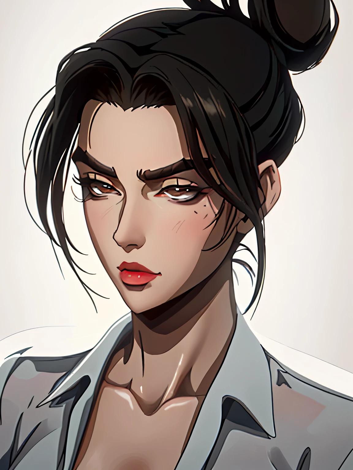 ((( portrait))) of beautiful brunette (female) in her 30s ,mature look, (small mouth) but (thick kissable lips), shy gaze, ((((tiny snob nose)))) ,( prefect shaped eyes),((brown eyes)) ,long eyelashes, eyeliner ,((( thick eyebrows))) , charming, cute ,  ((( sleek slicked back hair bun ))), ( black hair), fair skin, modern look, stylish , classy,  wearing Unbuttoned classic shirt, clivage ,  Castlevania style