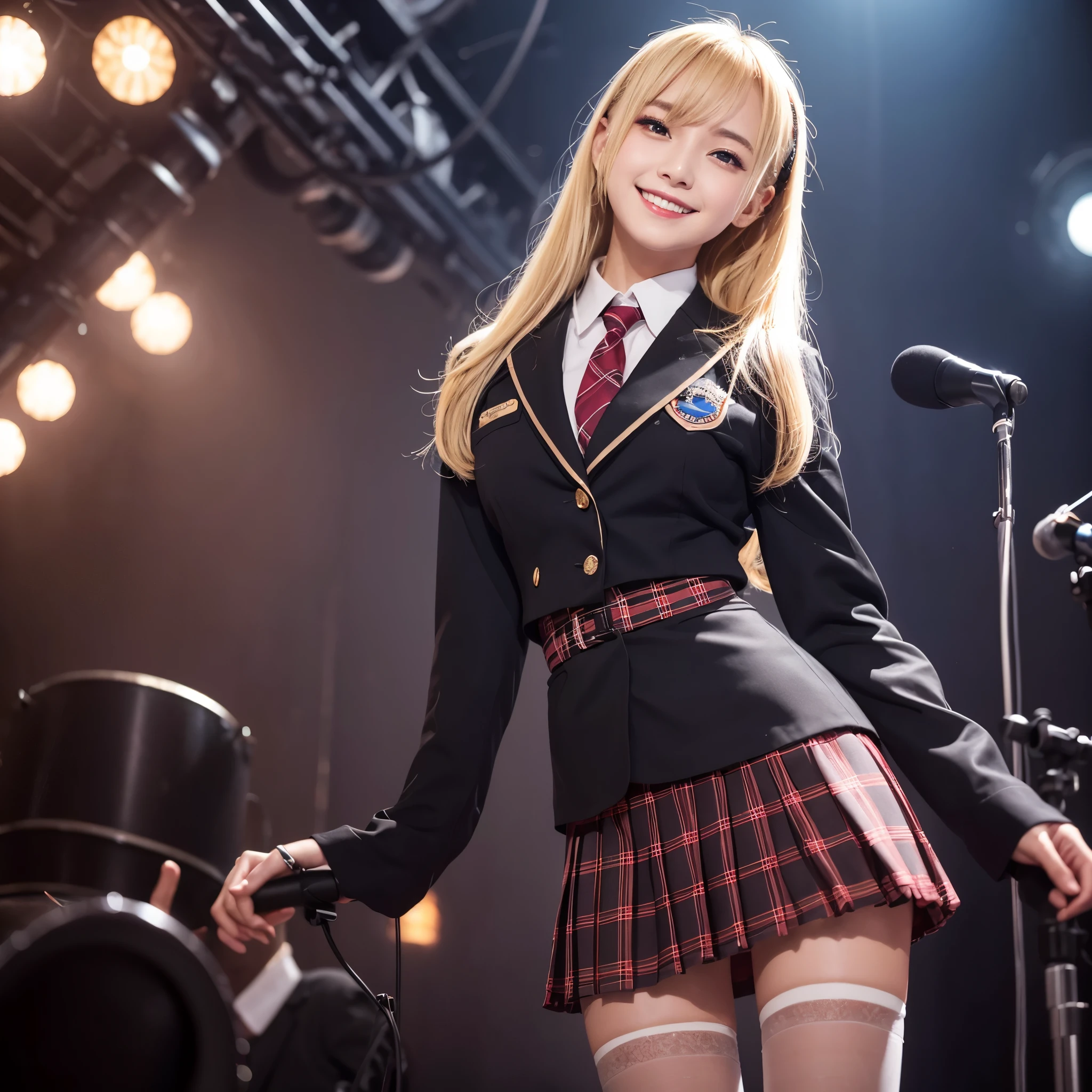 High School Girl Blazer、 uniform、Red checked knee-length skirt、Long skirt、JK Style、Jacket、smile、Knee-high socks、Thigh-high socks、pantyhose、Great beauty、very cute、Stagnation、Rare beauty、Black dark eyeshadow、sad、Good skin radiance、Straightening iron for long hair、Dark Gothic Makeup、暗いsmile、The beauty of fragrance、Stained Glass Background、masterpiece、highest quality、、Sweat glistening on my chest、Sweat glistening on the face、Small breasts、blonde、Year: 18、Slightly slim、Mysterious look、Sad look、Blonde、Lots of sweat on my thighs、light、Shiny thighs、Sweat is glistening on my thighs、Gal、Small breasts、The Face of Japan、Captivating look、Thin thighs、Live venue background、Sing a song、Open your mouth、Live house scenery、Mike stand、Glamorous live stage、Dynamic Angle