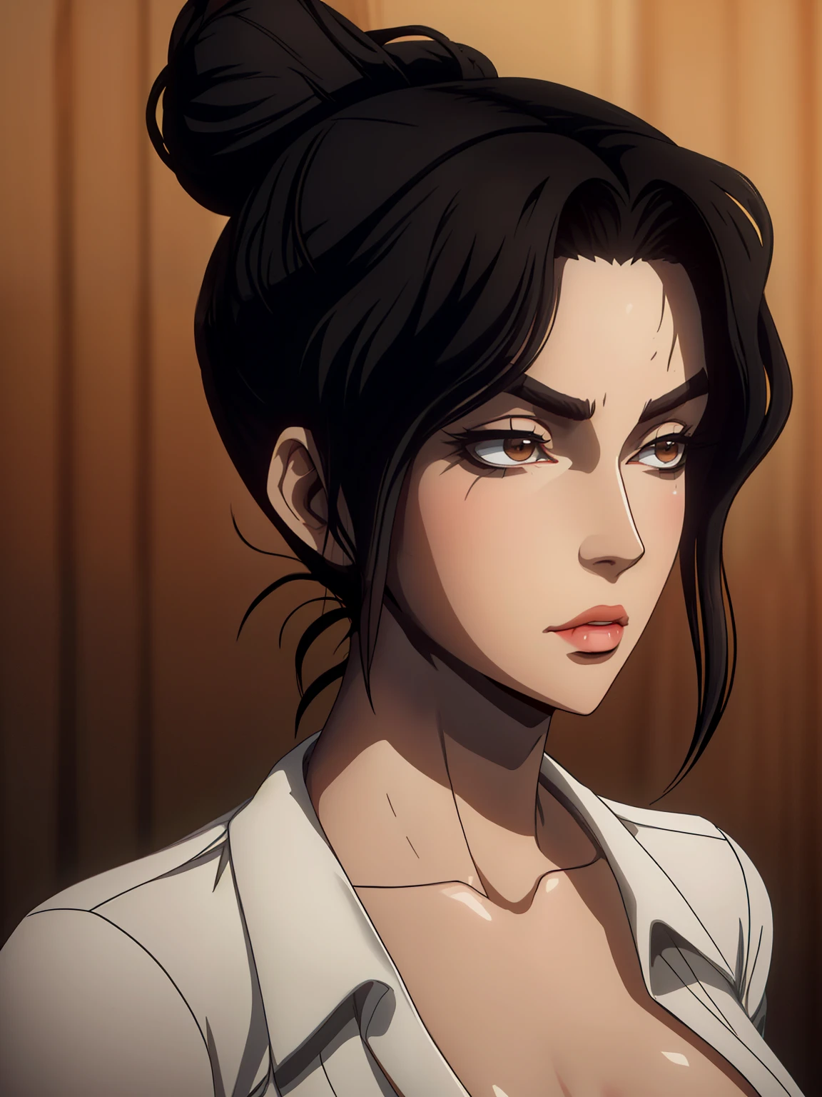 ((( portrait))) of beautiful brunette (female) in her 30s ,mature look, (small mouth) but (thick kissable lips), shy gaze, ((((tiny snob nose)))) ,( prefect shaped eyes),((brown eyes)) ,long eyelashes, eyeliner ,((( thick eyebrows))) , charming, cute ,  ((( sleek slicked back hair bun ))), ( black hair), fair skin, modern look, stylish , classy,  wearing Unbuttoned classic shirt, clivage ,  Castlevania style