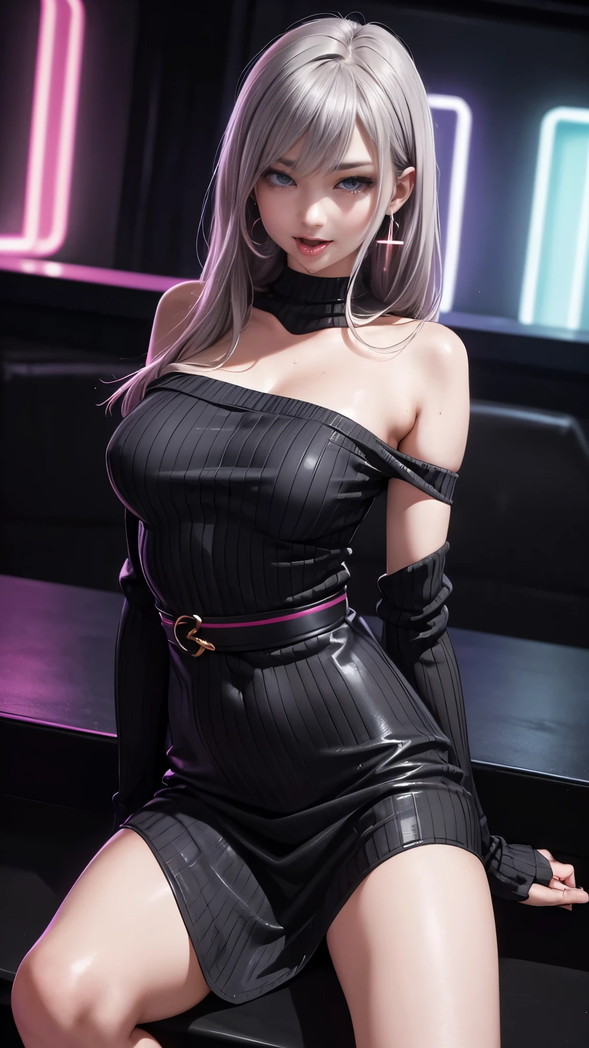 (masterpiece:1.3), (8k, realistic, RAW photo, highest quality: 1.4), (Young adult girls), beautiful face, young and beautiful big breasts、big breasts cleavage、(thin face、big earrings、wrist accessories、waist accessories, beautiful ash gray hair color:1.5), realistic eyes, beautiful and detailed eyes, (realistic skin、Bursting with sweat、oil skin,glowing skin、realistic skin texture、Detailed beautiful skin、shiny skin、shiny skin)、beautiful skin, break、(off shoulder、ribbed sweater dress、big breastsサイズ), evil smile、charm, Charming、ultra high resolution, Ultra-realistic, very detailed, beautiful feet、Slim and charming thighs、((full shot :1.8)) , office lady、((Slender big breasts、slender body、small face、thin neck、thin body、thin arms and legs))、(((night club、night bar、disco club、gorgeous neon lights、laser beam effect、Pink and blue neon lights))), Shadow、break、looks embarrassed、((Sweat, vapor))、(cowboy shot:1.5), hanging cut length、cold gaze、scornful face、scornful face))、(slender body、big breasts、long chest、saggy breasts、weaning), break、((open your mouth、stick out tongue、elongated tongue、fluorescent pink gloss slip))、(Seated Sexy Pose)、Inside the night club、hyper punk pub, many bottles of alcohol、bar counter、men drinking alcohol、A lively interior